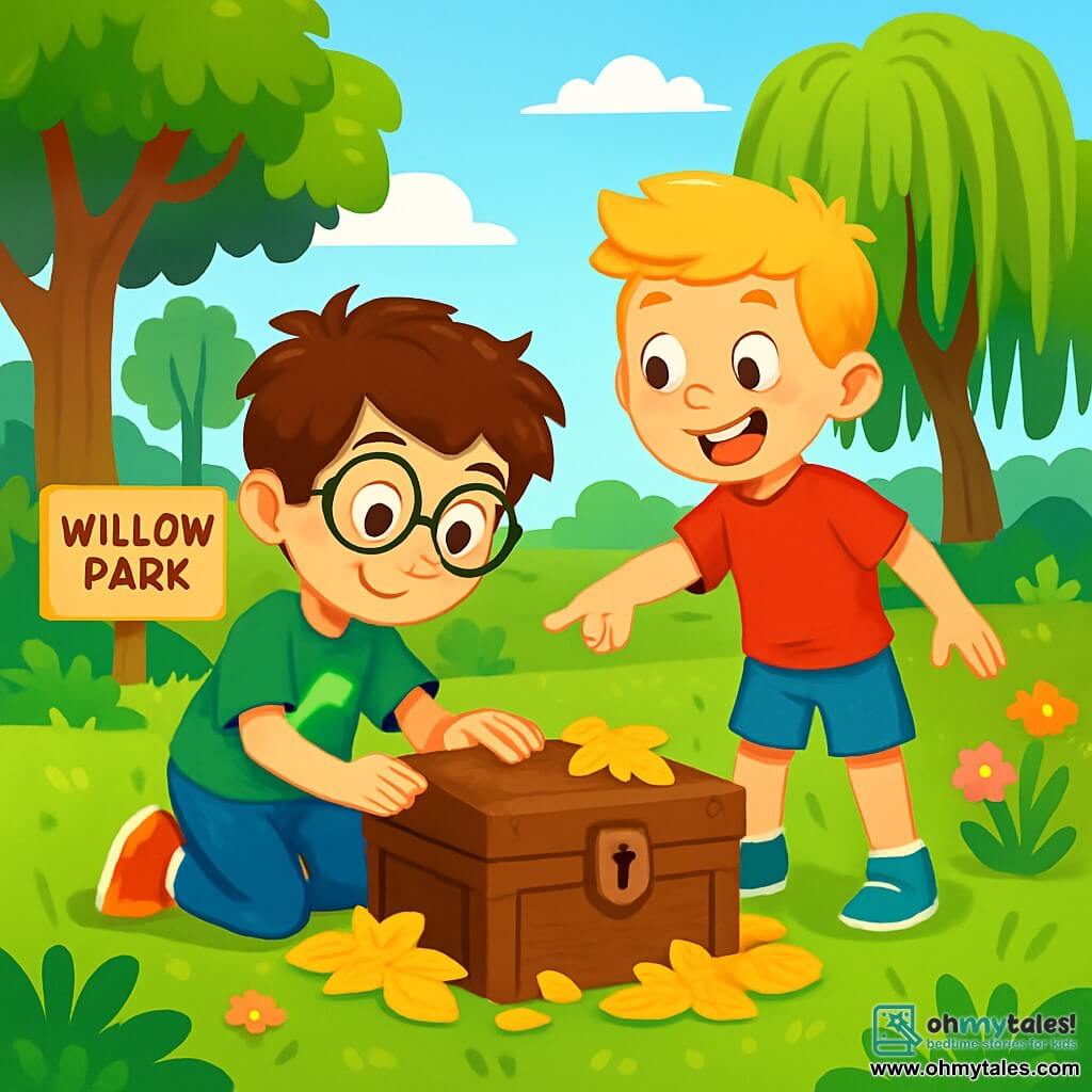 There are two main characters: Eli, an 8-year-old boy with messy brown hair, round glasses, and a green t-shirt featuring a dinosaur. He is crouching, curiously rubbing an old wooden box. Max, also 8, has blonde hair and freckles, wearing blue shorts and a red t-shirt. He stands next to Eli, eyes wide with excitement, pointing at the box. The setting is Willow Park, a lush green park filled with tall grass, large trees with shiny leaves, and a bright blue sky. In the distance, there is an old weeping willow with softly drooping branches, and colorful flowers dot the ground. The main situation shows Eli and Max discovering a mysterious wooden box hidden under golden leaves, both amazed and intrigued, ready to open it to reveal its secret.
