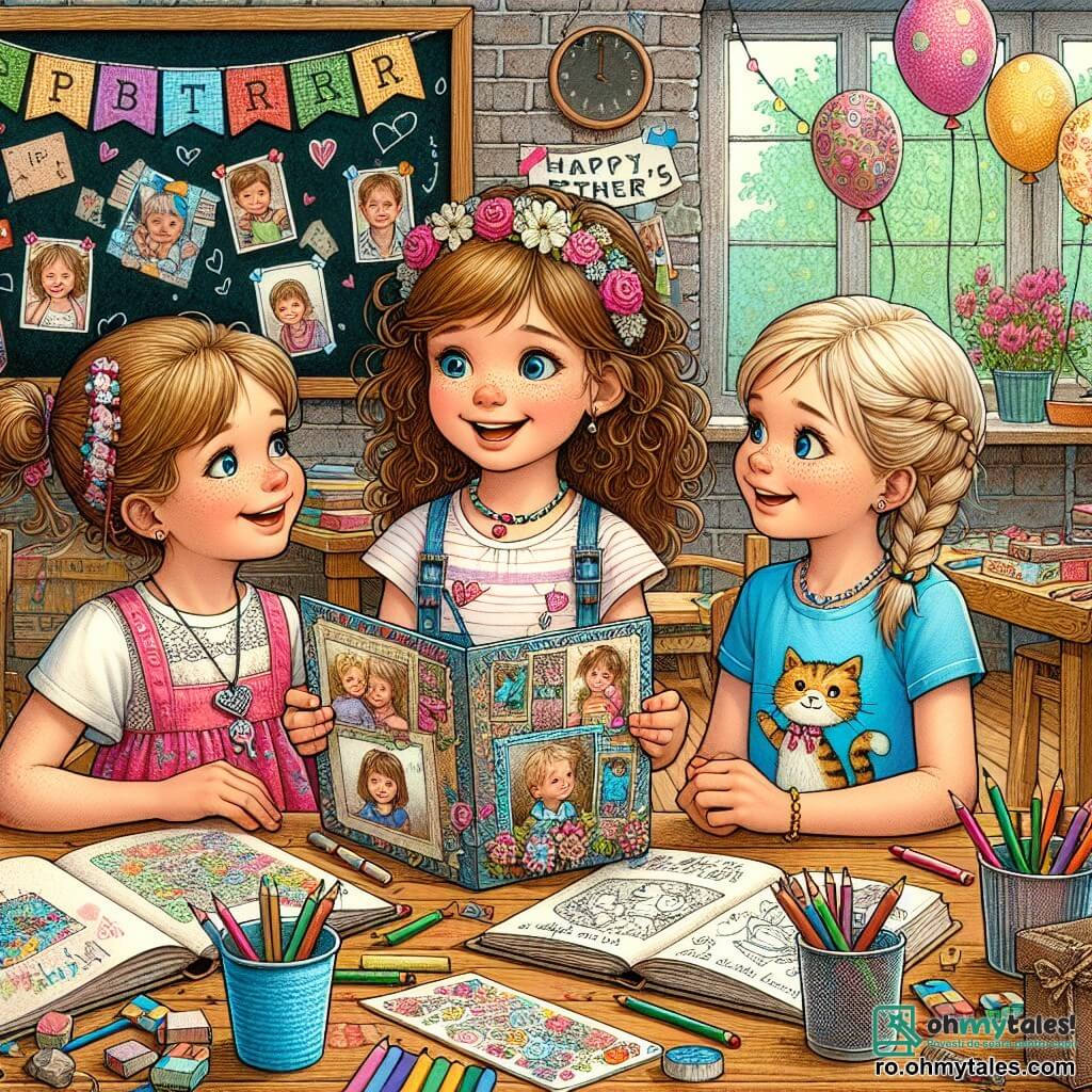 Într-o clasă colorată, trei fete, Maria (8 ani, părul brun și creț, îmbrăcată într-o rochie roz), Ana (8 ani, părul blond și drept, purtând un tricou albastru cu un desen de pisică) și Ioana (8 ani, părul castaniu deschis și împletit, îmbrăcată cu o fustă cu flori), stau în jurul unei mese din lemn. Maria, zâmbitoare, arată cu mândrie un album foto făcut manual, în timp ce Ana și Ioana o privesc cu uimire. Clasa este decorată cu baloane colorate și ghirlande din hârtie, iar pe pereți sunt agățate desene de copii. În fundal, o tablă neagră are mesaje pentru ziua tatălui, iar creioanele colorate sunt împrăștiate pe masă. Fetele pregătesc un cadou special pentru ziua tatălui, înconjurate de o atmosferă veselă și creativă, cu râsete și priviri complice, în timp ce soarele strălucește prin feronerie, iluminând scena.