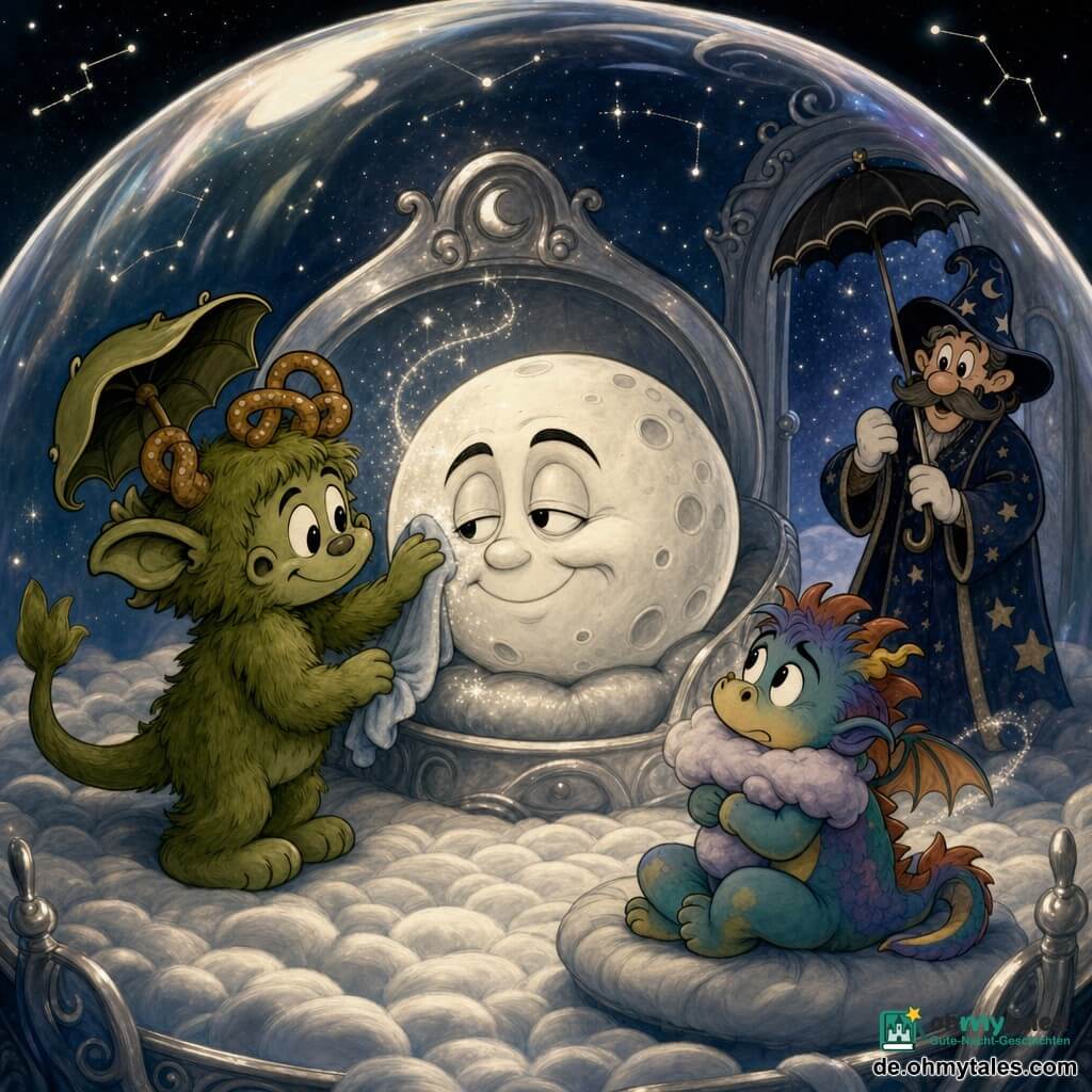 Brummel, ein junger Monsterjunge mit sanftem, entschlossenem Gesicht, moosgrünem Fell, kleinen Brezelhörnern und drei Ohren (eines aufgespannt wie ein Regenschirm), hält zart ein großes weißes Taschentuch mit silbernen Pünktchen und tupft die Licht-"Kristalle" vom Gesicht des Mondes. Der Mond ist eine große leuchtende Kugel mit rundem, ausdrucksvollem Gesicht, halbgeschlossenen Augen, erleichtert lächelndem Mund und von kleinen, glänzenden Staubpartikeln durchzogen, die ruhig herabfallen. Paffelino Puff, ein kleiner, bunter, strubbeliger Drachenjunge mit wolkigem Schal sitzt auf einem schwebenden Kissen, die Pfoten gekreuzt, besorgt aber erleichtert, ein weiches Kissen haltend. Der Zauberer Flunkerfizz, ein erwachsener Magier in langer Sternenrobe mit altem Regenschirm, lehnt lächelnd im Hintergrund am Eingang der Kuppel und beobachtet. Die Mondkuppel ist innen wie eine irisierende Lichtblase mit durchscheinenden Wänden und schwimmenden kleinen Konstellationen, einem weichen gewebten Wolkenboden und einer silbernen Nische mit einem leicht lächelnden Mondkissen. Hauptszene: zärtlicher, ruhiger Moment — das Monster tupft sanft das Gesicht des Mondes, funkelnde Partikel wirbeln beruhigend, warme Atmosphäre, sanfte Palette aus Silber, Nachthimmelblau und Moosgrün, klare Kontraste und runde Konturen im retro-cartoon-Stil.