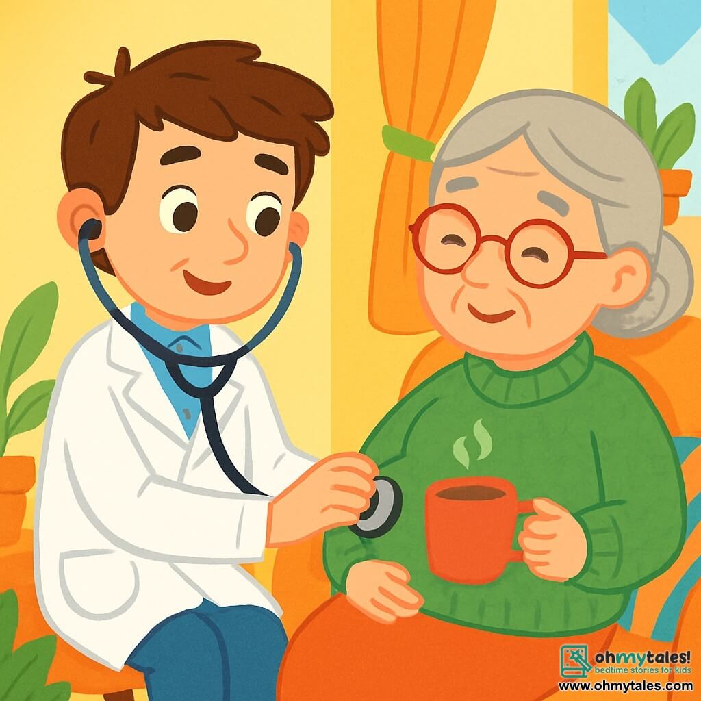 Dr. Ben, a smiling and caring male doctor, wears a bright white coat and a stethoscope around his neck. His brown hair is slightly tousled, and his eyes sparkle with kindness as he attentively listens to Mrs. Green's abdomen. Mrs. Green, an elderly woman around 70, sits in a comfortable chair wearing a green wool sweater and glasses. She has a slight smile, feeling reassured by Dr. Ben's presence. The scene takes place in a cozy home with pastel yellow walls, green plants on the windows, and colorful cushions on the sofa. Sunlight filters through the curtains, creating a soft and welcoming atmosphere. In this main situation, Dr. Ben carefully examines Mrs. Green, who has a slight stomach ache, while offering her a soothing cup of tea. Their faces express trust and warmth, illustrating the special bond between a doctor and his patient.