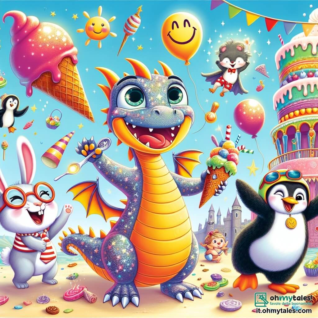Un piccolo drago dalle squame brillanti come stelle, con grandi occhi pieni di curiosità, si trova al centro dell'immagine, sorridendo entusiasta mentre tiene un enorme gelato colorato tra le zampe. Alla sua destra, un coniglio magico, un grande coniglio con occhiali rotondi e cravatta a righe, salta di gioia, le orecchie che fluttuano nell'aria, mostrando un ampio sorriso di soddisfazione. A sinistra, un pinguino in costume da bagno, con un cappello da sole in testa, scoppia a ridere, le ali sollevate in segno di vittoria, mentre si trova vicino a una torta gigante che straborda di colori vivaci. Lo sfondo è una torre colorata, con finestre a forma di sorrisi e un tetto di gelato, circondata da palloncini fluttuanti e dolci volanti, creando un'atmosfera festosa e gioiosa. La scena principale mostra il drago, il coniglio e il pinguino che celebrano la loro vittoria dopo aver sfidato il Gatto Sorridente in una competizione di dolci, con risate e dolcetti che volano intorno a loro, illustrando lo spirito di avventura e amicizia.