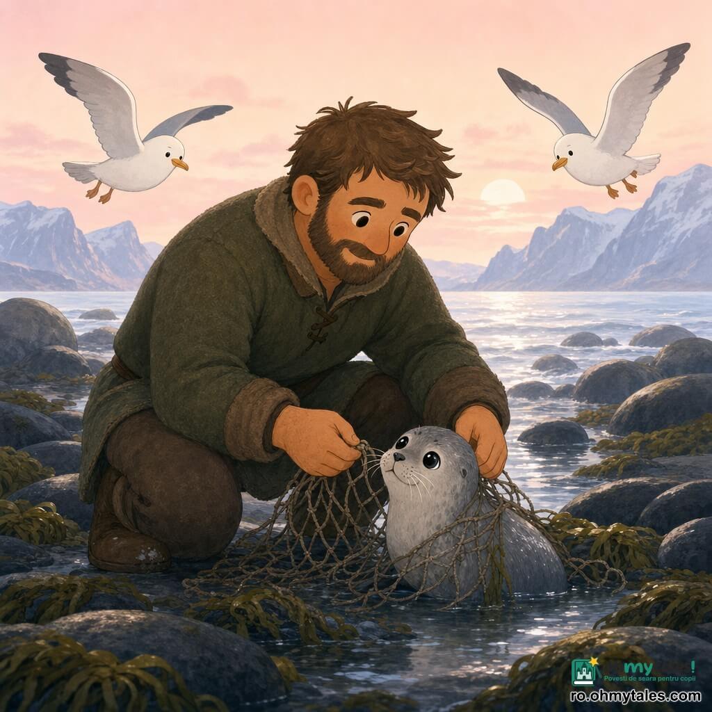 Bărbat: Einar, circa 35–40 de ani, expresie blândă și hotărâtă, barbă scurtă, păr șaten încâlcit, piele ușor bronzată de vânt; poartă un palton gros de lână maro-verzui, cizme de piele murdare și ține delicat un nod din plasă, aplecat spre sol pentru a elibera o mică focă. Animal secundar: un pui de focă gri deschis, semiîmersat într-o baltă lângă picioarele lui, ochi rotunzi și lucioși, bot umed, surprins dar încrezător. Animal secundar: doi pescăruși zâmbitori, alb-gri, zburând jos și încadrând scena. Loc: plajă stâncoasă nordică la răsărit, pietre negre rotunjite, alge verde-închis, valuri argintii line, fiorduri albastre palide în depărtare sub un cer roz. Situație: Einar dezleagă încet o coardă veche de pescuit maro de pe focă, gest atent și precis, salvare pașnică și eroică; compoziție centrată, culori pastel contrastante, lumină blândă, siluete clare și contururi rotunjite.