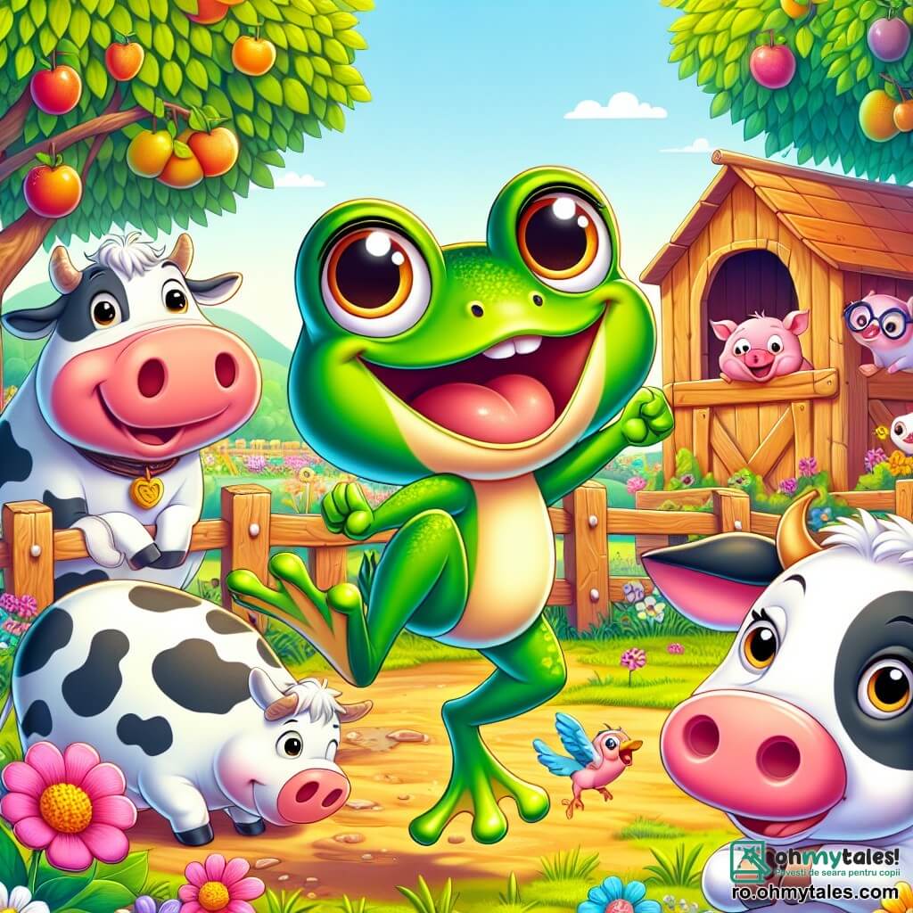 O broască veselă numită Froggy, cu o piele verde strălucitoare și ochi mari și rotunzi, sare cu entuziasm în mijlocul unei ferme colorate, cu un zâmbet larg pe față. Lângă ea, o vacă numită Berta, cu pete albe și negre, o privește pe Froggy râzând, în timp ce un purcel roz numit Pufi, așezat pe iarbă, aplaudă cu lăbuțele lui mici. În fundal, un coteț de găini din lemn și pomi fructiferi cu culori vii, cu flori strălucitoare care dansează în vânt, creează o atmosferă veselă. Scena o reprezintă pe Froggy și prietenii ei pregătindu-se pentru o competiție de sărituri, toți nerăbdători și plini de energie, gata să se distreze împreună în lumina soarelui.