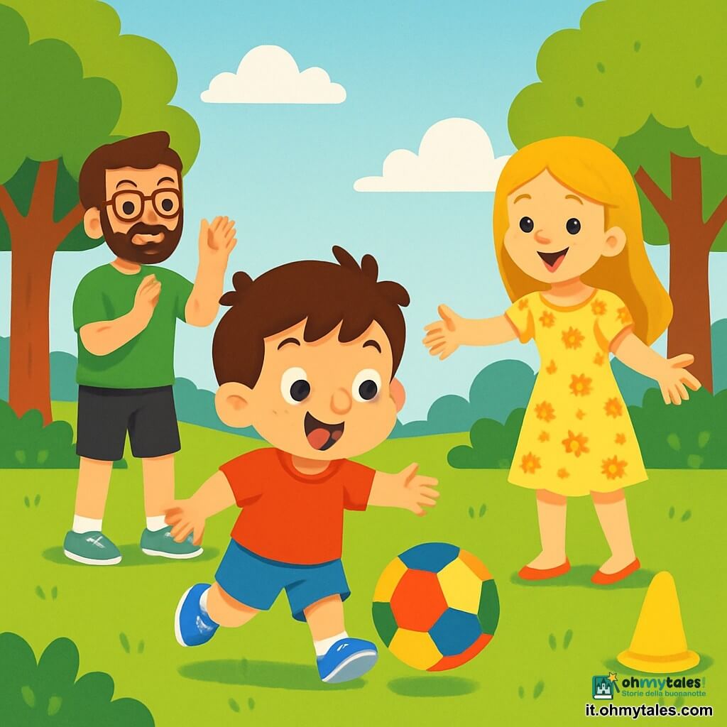 Un bambino di 2 anni, con capelli castani disordinati e un grande sorriso, sta giocando a calcio in un parco. Indossa una maglietta rossa e pantaloni corti blu, mentre osserva la palla con occhi pieni di eccitazione. Accanto a lui, la mamma, una donna di circa 30 anni con capelli lunghi e biondi, sorride e lo incoraggia con le braccia aperte, indossando un vestito leggero a fiori e stando vicino a un cono stradale giallo. Un po' più in là, il papà, un uomo di circa 32 anni con barba corta e occhiali, applaude alzando le mani, vestito con una maglietta verde e pantaloni corti neri. Il parco è verdeggiante, con alberi alti e un cielo blu punteggiato di nuvole bianche. In questa scena, il bambino si prepara a calciare una palla colorata, con un'espressione concentrata e felice, mentre i genitori lo incoraggiano con entusiasmo.