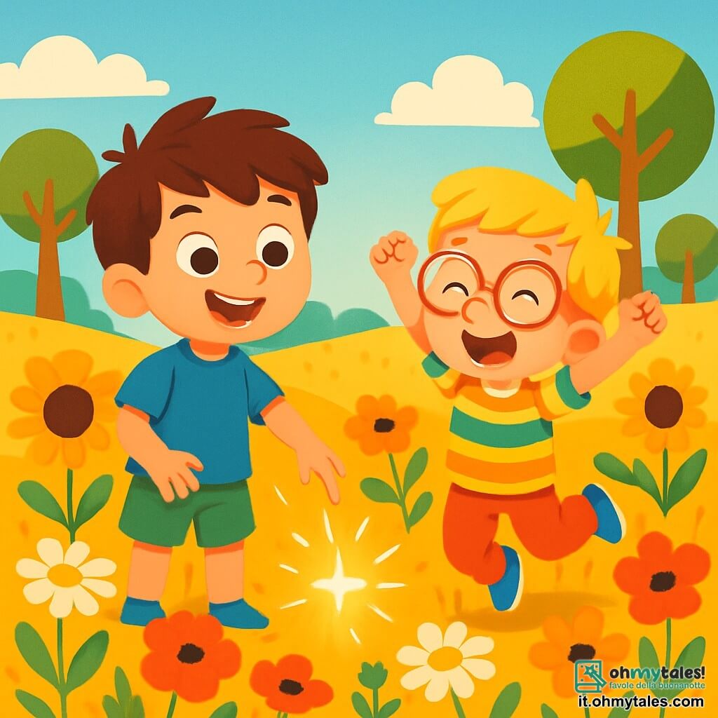 Ci sono 2 personaggi principali: Leo, un ragazzo di 6 anni con capelli castani disordinati e occhi scintillanti, indossa una maglietta blu e un pantaloncino verde, e sorride mentre indica una luce brillante; e Tom, un ragazzo di 5 anni con capelli biondi e occhiali rotondi, indossa una camicia a righe colorate e pantaloni rossi, e salta di gioia con le braccia alzate. La scena si svolge in un magnifico prato dorato, pieno di fiori dai colori vivaci: papaveri rossi, margherite bianche e girasoli gialli. In lontananza, ci sono alberi di zucchero filato e una luce scintillante danza tra i rami. Leo e Tom scoprono la luce brillante della Stella Lucente nascosta tra i fiori, meravigliati e pronti a esplorare il mondo magico che li circonda.
