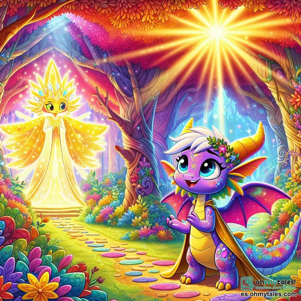 Lila, una pequeña dragona con escamas brillantes de todos los colores del arcoíris, está en el centro de la escena, con los ojos llenos de emoción y una gran sonrisa en su rostro. Lleva una capa dorada que brilla bajo el sol, lista para la aventura. A su derecha, la Gran Estrella, una criatura luminosa con alas centelleantes y un rostro amable, flota en el aire, mostrando una expresión alentadora. Ella ilumina el camino con su luz dorada. El escenario es un magnífico Bosque Encantado, lleno de árboles con troncos retorcidos y hojas multicolores, con flores brillantes que resplandecen como gemas. Rayos de sol atraviesan el follaje, creando sombras danzantes en el suelo. Lila se prepara para elegir uno de los tres caminos mágicos que se extienden ante ella, cada uno rodeado de misterio y promesas de aventuras. El aire está lleno de una atmósfera de emoción y magia, mientras ella duda, con el corazón latiendo, ante esta importante decisión.