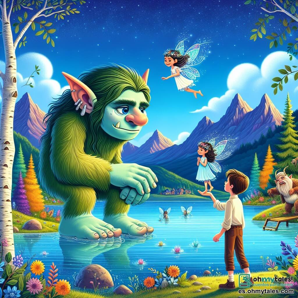 Un troll llamado Grom, grande y peludo, con piel verde y ojos azules profundos, muestra tristeza en su rostro. Se encuentra al borde de un lago cristalino, con lágrimas en los ojos, mientras mira a una pequeña hada de alas brillantes, llamada Estrella. Estrella, una niña con cabello plateado y un vestido hecho de pétalos de flores, flota sobre el agua, su rostro refleja una suave melancolía. A su lado, un niño llamado Lucas, de unos 10 años, con cabello castaño despeinado y una sonrisa alentadora, extiende la mano hacia Estrella, listo para contarle un chiste y hacerla reír. El lugar es un paisaje encantador, con majestuosas montañas al fondo, árboles de colores vivos y un cielo azul salpicado de nubes esponjosas. La situación principal muestra a Grom, Lucas y Estrella reunidos al borde del lago, buscando juntos romper el hechizo de tristeza que pesa sobre Estrella, con Lucas listo para contar un chiste y traer alegría.