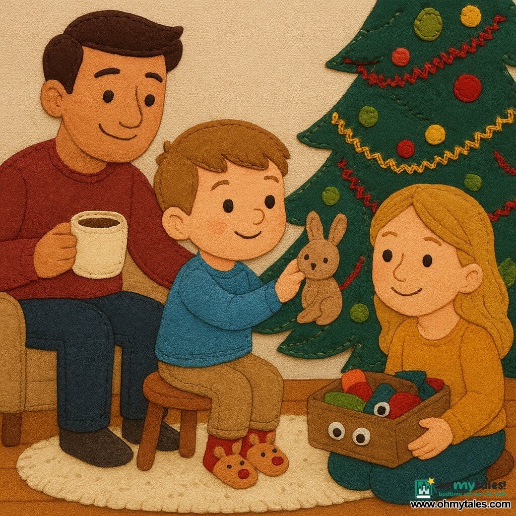 A 4-year-old boy, Leo, with light brown hair and sparkling eyes, is wearing socks with reindeer faces. He is focused and joyful, sitting on a soft rug near a Christmas tree. Next to him, a man around 35 years old, his father, with short brown hair and a kind smile, holds a cup of hot cocoa. He sits on a chair beside Leo, ready to assist him. A woman about 33 years old, his mother, with long blonde hair, smiles tenderly while holding a craft box filled with colorful felt and googly eyes. She is crouched next to Leo. The room is cozy, with a Christmas tree shimmering with red, green, and gold lights, and shiny tinsel decorations. The main scene shows Leo placing a small mechanical felt rabbit on a low branch of the tree, his eyes gleaming with pride and joy.