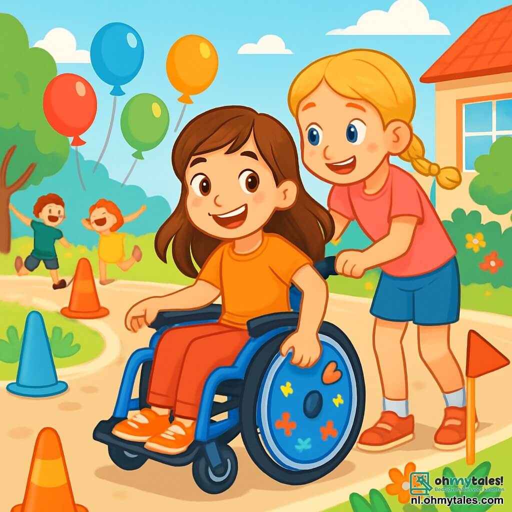 Een 8-jarig meisje, genaamd Lieke, zit in haar mooie blauwe rolstoel versierd met kleurrijke stickers. Ze heeft lang bruin haar en sprankelende ogen van vreugde, met een grote glimlach van opwinding. Ze kijkt enthousiast naar een buitencircuit, omringd door kleurrijke ballonnen. Naast haar moedigt haar beste vriendin Noor, ook 8 jaar oud met blond haar en vlechten, haar aan met een stralende glimlach. Noor draagt een roze t-shirt en blauwe shorts, en staat klaar om haar te helpen bij de start van de race. De locatie is een zonnige schoolyard, met groene bomen en kleurrijke bloemen eromheen. Kinderen spelen en lachen, wat een vrolijke en dynamische sfeer creëert. De hoofdscène toont Lieke en Noor klaar om deel te nemen aan een rolstoelrace, met kleurrijke kegels en wapperende vlaggen die het pad afbakenen. Lieke, vol enthousiasme, bereidt zich voor om een aanloop te nemen, terwijl Noor haar aanmoedigt met enthousiaste gebaren.