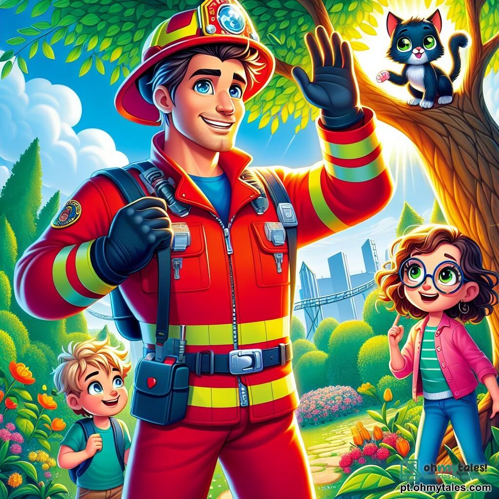 Um bombeiro, um homem de sorriso caloroso e olhos brilhantes, veste um uniforme vermelho vivo e um capacete brilhante. Ele está levantando os braços, pronto para subir em uma grande árvore, com uma expressão determinada e amigável no rosto. Ao seu lado, Ana, uma menina de 8 anos com cabelos castanhos e cacheados, observa com admiração, com as mãos na cintura, enquanto Lucas, um garoto de 7 anos com óculos redondos, aponta para o gato preso nos galhos. O parque é verdejante, com árvores majestosas, flores coloridas e um céu azul brilhante. No centro da imagem, um pequeno gato preto, assustado, está empoleirado em um galho, miando suavemente, enquanto o bombeiro e as crianças se preparam para ajudá-lo.
