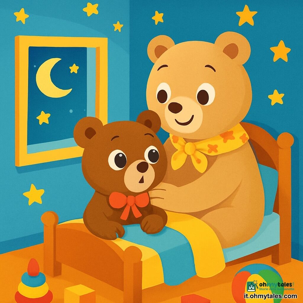 Un piccolo orsetto di peluche, chiamato Orso, è seduto sul suo letto, con grandi occhi rotondi e brillanti, mostrando un'espressione di curiosità mescolata a una leggera paura. Ha un pelliccia morbida e marrone, con un piccolo fiocco rosso attorno al collo. Mamma orsa, una grande orsa dolce e confortante, è accanto a lui, con un sorriso caloroso e occhi pieni d'amore, avvolgendolo tra le braccia. La scena si svolge in una cameretta, con pareti dipinte di azzurro cielo, stelle dorate attaccate al soffitto e una finestra aperta che lascia entrare una dolce luce di luna. Giocattoli colorati sono sparsi sul pavimento e una morbida coperta è piegata sul letto. Orso guarda fuori dalla finestra, meravigliato dalla notte stellata, mentre Mamma orsa gli sussurra parole rassicuranti per aiutarlo a superare la paura del buio.