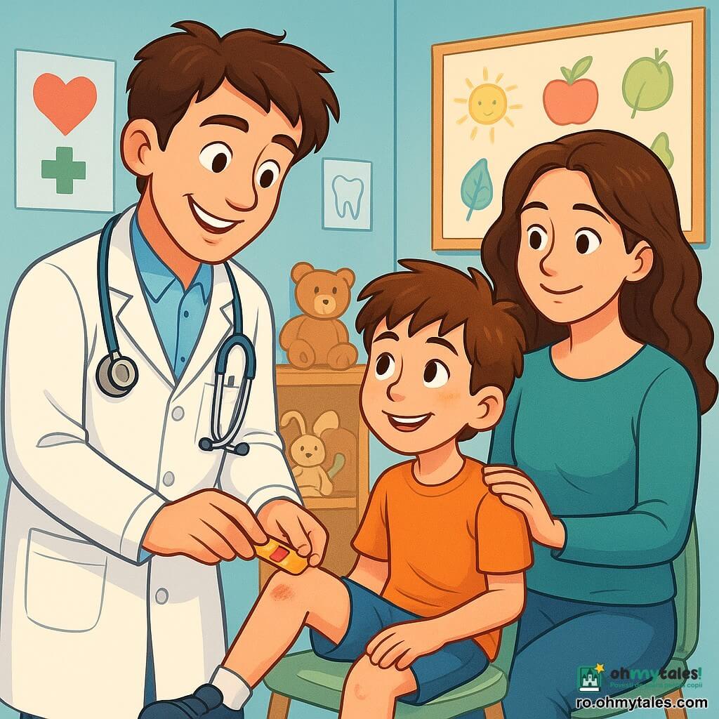 Un bărbat, doctorul Andrei, stă în cabinetul său medical, zâmbind cu bunătate. Poartă un halat alb impecabil, cu buzunare pline de unelte medicale. Părul său castaniu este ușor răvășit, iar ochii îi strălucesc de bunătate. El îi bandajează genunchiul unui băiat tânăr. Băiatul, Darius, are aproximativ opt ani, cu păr castaniu și ochi curioși. El stă pe un scaun, privindu-l pe doctor cu admirație, cu un zâmbet pe față. Lângă el, mama sa, o femeie de aproximativ treizeci de ani cu păr lung și creț, îl privește cu tandrețe, stând ușor înapoi. Cabinetul medical este luminos și primitor, cu pereți vopsiți în albastru deschis și afișe colorate despre sănătate. Jucăriile de pluș sunt împrăștiate pe o raft, iar un tablou mare arată desene ale copiilor pe tema sănătății. În această scenă, doctorul Andrei aplică un bandaj colorat pe genunchiul lui Darius, care are o mică zgârietură. Atmosfera este caldă și liniștitoare, plină de râsete și conversații prietenoase, ilustrând legătura de încredere între medic și tânărul său pacient.