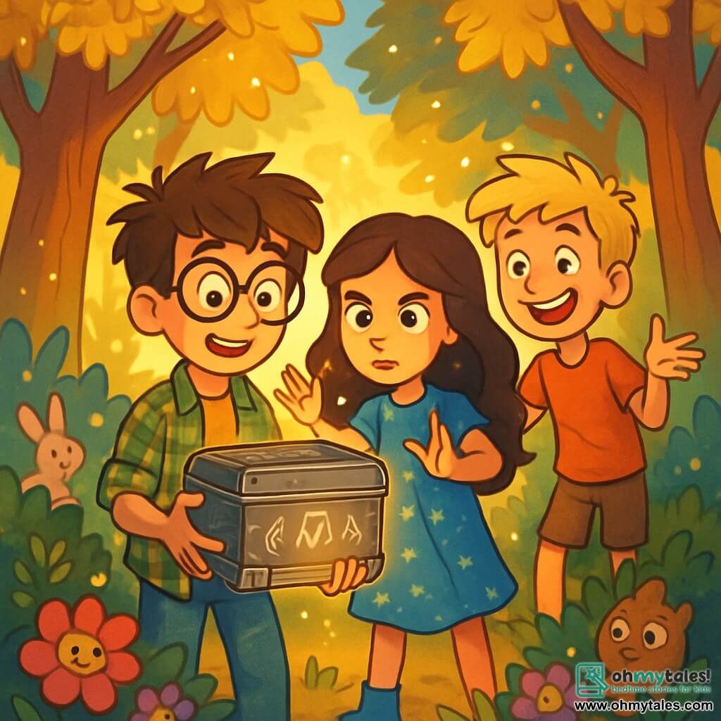 There are 3 characters: Leo, a 12-year-old boy with messy brown hair, wearing round glasses and a plaid shirt. He stands holding a mysterious device, his eyes sparkling with excitement. Mia, an 11-year-old girl with long wavy hair, is dressed in a blue dress adorned with sparkling stars. She stands next to Leo, hands raised, ready to cast a magic spell, with a determined expression on her face. Sam, a 12-year-old boy with tousled blond hair, is slightly behind, smiling broadly and making an exaggerated gesture as if telling a joke. The scene takes place in an enchanted forest filled with tall trees with golden leaves shimmering in the sunlight. Colorful flowers with cheerful petals grow around them, and magical creatures, like small animals with twinkling eyes, stir in the bushes. The main situation shows the three friends discovering a mysterious device, a large metal chest adorned with glowing symbols, emitting a soft light. They are surrounded by a magical atmosphere, with sparkles in the air and dancing shadows, ready to activate the device and embark on a new adventure.