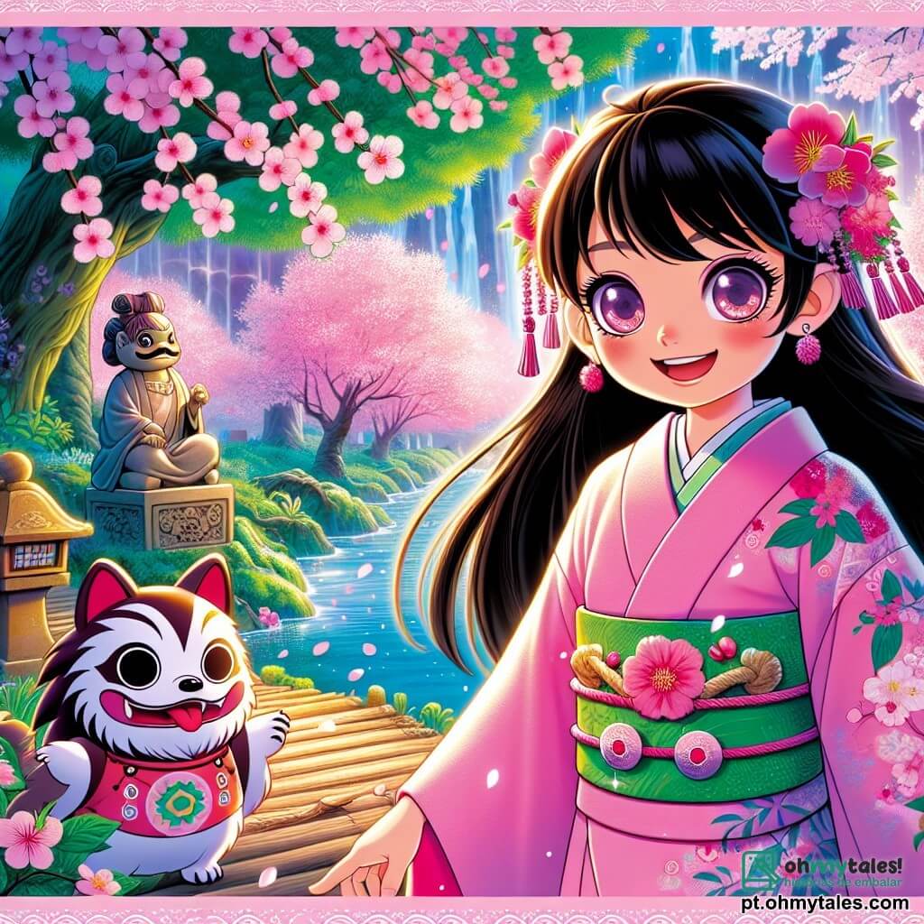Uma jovem chamada Sakura, com cerca de 10 anos, está no centro da cena. Ela tem longos cabelos negros, brilhantes como seda, e usa um quimono rosa adornado com flores de cerejeira. Seu rosto ilumina-se com um sorriso curioso e determinado, e seus olhos brilham de excitação. Ao lado dela, uma estátua de Tanuki, um espírito travesso, com um grande sorriso e olhos maliciosos, parece piscar para ela. O fundo da ilustração mostra uma floresta encantada, com árvores majestosas de folhas verdes vibrantes e cerejeiras em flor, cujas pétalas rosas caem como neve suave. Ao longe, um lago brilha sob o sol, refletindo as cores vivas da natureza. Sakura avança por um caminho sinuoso, pronta para partir em uma aventura em busca do riso perdido de sua aldeia.