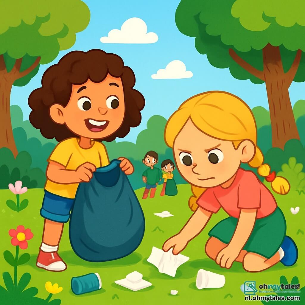 Er zijn 2 hoofdpersonages: - Sophie: een 8-jarig meisje met krullend bruin haar, gekleed in een gele t-shirt en een spijkerbroekshort. Ze houdt een grote vuilniszak vast en glimlacht vrolijk. - Lotte: een 7-jarig meisje met gevlochten blond haar, gekleed in een roze t-shirt en een groene rok. Ze raapt een stuk papier van de grond op, met een vastberaden blik. De twee meisjes bevinden zich in het midden van een groen park, omringd door majestueuze bomen met heldergroene bladeren. Kleurrijke bloemen, roze, gele en paarse, bedekken de grond, terwijl een kleine groep kinderen hen nieuwsgierig observeert. In de verte strekt een heldere blauwe lucht zich uit, bezaaid met enkele donzige witte wolken. De belangrijkste situatie toont Sophie en Lotte die het park aan het schoonmaken zijn, met afval verspreid om hen heen. De andere kinderen beginnen zich bij hen te voegen, gewapend met handschoenen en vuilniszakken, klaar om te helpen. De sfeer is vrolijk en dynamisch, wat de geest van kameraadschap en respect voor de natuur illustreert.
