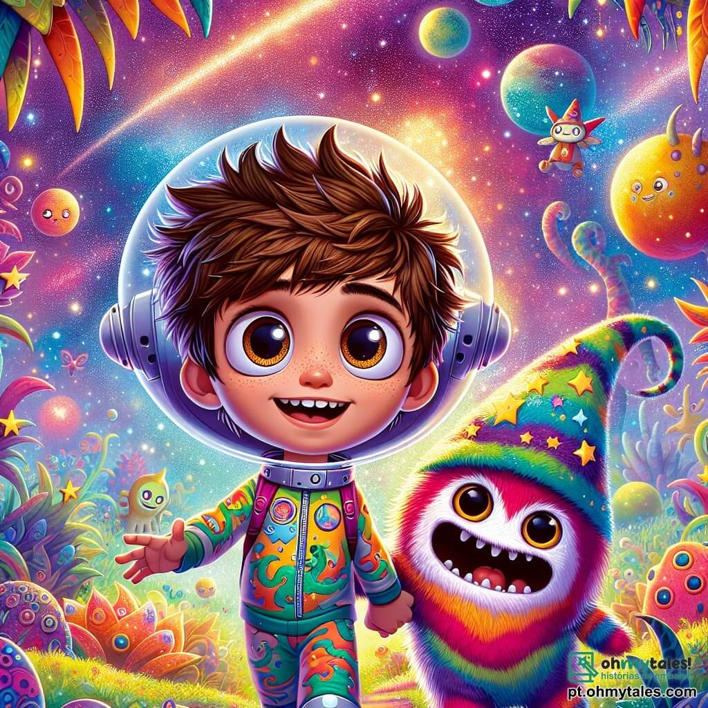 Um jovem chamado Lúcio, com cerca de 12 anos, está no centro da imagem, com cabelos castanhos bagunçados e olhos brilhantes de curiosidade. Ele usa um traje de astronauta colorido, decorado com padrões de dragões e estrelas, e exibe um grande sorriso de admiração enquanto explora um mundo fantástico. Ao seu lado, um Zorbulano, uma criatura redonda e peluda, com cerca de 1 metro de altura, com pelagem multicolorida e olhos redondos e brilhantes, levanta uma pequena mão em sinal de boas-vindas, cheio de entusiasmo. Outro Zorbulano, mais velho, com um chapéu de mágico em forma de cone de sorvete, observa Lúcio com um olhar benevolente e sábio. O cenário é uma paisagem extraterrestre vibrante, com árvores gigantes cujas folhas brilham em cores vivas, frutos flutuantes que parecem sussurrar segredos, e um céu estrelado repleto de planetas coloridos e nebulosas brilhantes. A cena mostra Lúcio e os Zorbulanos se preparando para embarcar na Nave Arcana, uma magnífica nave espacial com paredes de cristal cintilantes, que parece vibrar de energia mágica, enquanto se preparam para viver uma aventura incrível no espaço.
