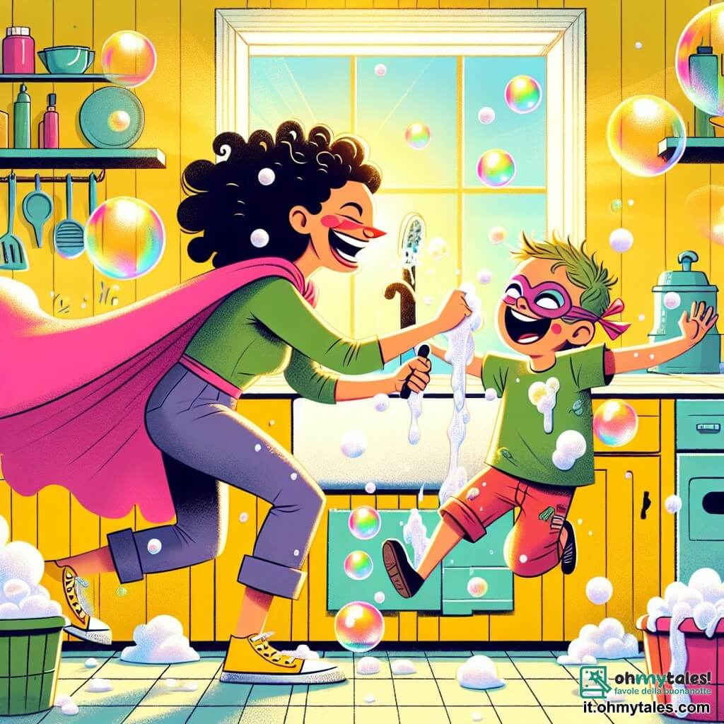 Super Mamma è una donna sorridente con un mantello rosa fluttuante e scarpe da ginnastica gialle. Ha i capelli ricci e porta un grande sorriso gioioso, mentre fa solletico a Super Pasticcione. Super Pasticcione, un ragazzo di circa 8 anni, ha una maschera storta e vestiti colorati in disordine. Ride a crepapelle, con gli occhi spalancati, mentre cerca di liberarsi delle bolle di sapone che lo circondano. La scena si svolge in una cucina luminosa e accogliente, con pareti gialle e finestre aperte che lasciano entrare la luce del sole. Bubbles di sapone fluttuano nell'aria e piatti puliti sono impilati sul bancone. In questa situazione principale, Super Mamma usa il suo potere di solletico per far ridere Super Pasticcione, che ha dimenticato i suoi piani malvagi, mentre si divertono insieme tra bolle e risate.