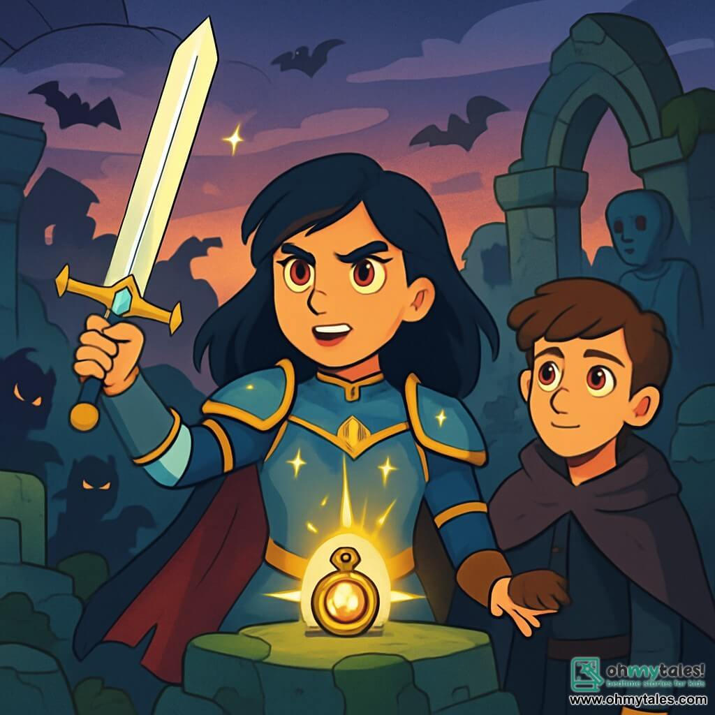 In the center of the image, a young warrior woman, Lyra Stormblade, stands proudly. She has hair as black as night, bright golden eyes filled with fierce determination, and wears shimmering armor adorned with star patterns. Her expression is resolute and brave as she wields her sword, Starlight, which emits a magical glow. Beside her is a young man named Kael, around 18 years old, dressed in a dark cloak. His face shows early wisdom, and he watches Lyra with admiration, ready to assist her in her quest. The setting is the Ruins of Valoria, a mysterious and ancient place with moss-covered stones and broken statues, under a twilight sky where shadows dance. The scene captures the moment when Lyra, determined, prepares to seize the Amulet of Asteria, illuminated by a golden light, while shadowy creatures gather around them, creating an atmosphere of tension and adventure.