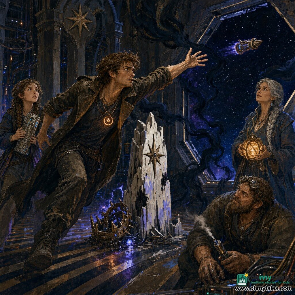 Orin, a 25–30-year-old man with a lean face, tousled brown hair and bright eyes, looks determined as he leans forward to throw a small glowing portable totem through a hatch into space; his posture is tense, muscles visible, wearing a worn jacket and a chain with a dark disc that emits a warm glow. Behind him to the left stands Jessa, a ~14-year-old girl with a long braid and a round, awed face, clutching another totem, frightened but brave. To the right stands Liora, a 35–40-year-old olive-skinned woman with a long silver braid and a flowing coat, holding a glowing spherical lantern and watching with relieved worry. Brann, a robust ~40-year-old man with large grease-darkened hands, is crouched by a cable console with a smoking tool, as if he just unplugged a metal crown on the floor. The scene is an industrial-gothic communications hall inside a space station: striped metal floor, walls covered in glittering cables, tall dark stone columns carved with star motifs, a jagged bleached central totem with a broken mechanical crown at its base, and swirling black shadows pouring toward the hatch. The dramatic moment: Orin throws the luminous decoy totem into the starry void as the hatch opens, colored energy flashes (blue, purple, copper) burst against the gloom; dynamic composition, strong face lighting, thick painted texture, contrasting palette of deep black, blue, warm copper and pearl white.