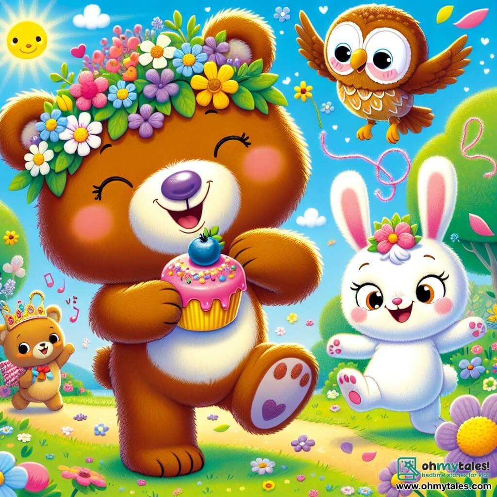 A little brown bear named Benny, with a big joyful smile and sparkling eyes, wears a crown of wildflowers on his head. He dances while holding a small bear-shaped cake with a blueberry on top, laughing. Next to him, a little white bunny named Lulu, with big upright ears and a mischievous face, jumps for joy while waving strands of sparkling pink yarn. A wise owl named Ollie, with brown feathers and large round eyes, flies in circles around them, wearing an amused smile. The scene takes place in a sunny garden in Berryville, filled with colorful flowers, lush trees, and a bright blue sky. In the center, Benny, Lulu, and Ollie celebrate Mother's Day with a joyful parade, singing and laughing together, surrounded by gently falling flower petals.