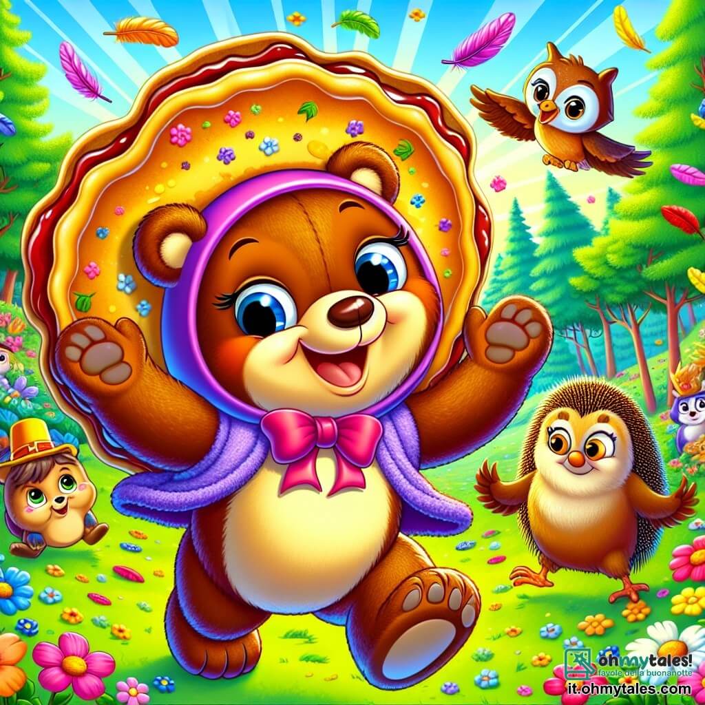 Tobia, un orso di peluche dal pelo marrone cioccolato con grandi occhi scintillanti e un ampio sorriso, è travestito da pancake gigante con una grande padella come cappello. Ballando felicemente in mezzo alla radura, è circondato da fiori colorati e raggi di sole che filtrano attraverso gli alberi. Gilda, un piccolo riccio con aculei dorati e occhi curiosi, si trova accanto a lui ridendo, mentre Ernesto, un saggio gufo dalle piume brune e occhiali tondi, osserva la scena con un sorriso divertito, posato su un ramo basso. La radura è piena di vegetazione lussureggiante, con fiori brillanti e un cielo blu chiaro, creando un'atmosfera gioiosa. Tobia cerca di far ridere tutti gli animali della foresta con le sue danze buffe e le sue barzellette, mentre una pioggia di piume colorate esce da una scatola a sorpresa, provocando risate tra gli spettatori.