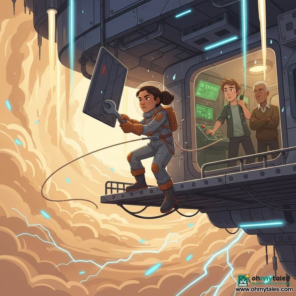 Commander Mara Elian, a small, determined woman with hair pulled back, in a gray-and-orange spacesuit with magnetic boots and thick gloves, clings beneath the floating city Zephyria to a riveted metal walkway, using a clamp and a magnetic tether to secure a flapping panel while wind bends the structure and lightning streaks the amber cloud sea below; behind her, Juno Park, a tousled, anxious yet supportive man in his 30s, operates a console with green screens inside an airlock canopy and speaks into his radio, while Dockmaster Rell, an older silver-haired man of about 55, watches from a porthole with crossed hands; the scene is dynamic and tense, with condensed droplets, strong shadows, and warm ambers and oranges contrasted by cold blue neon.