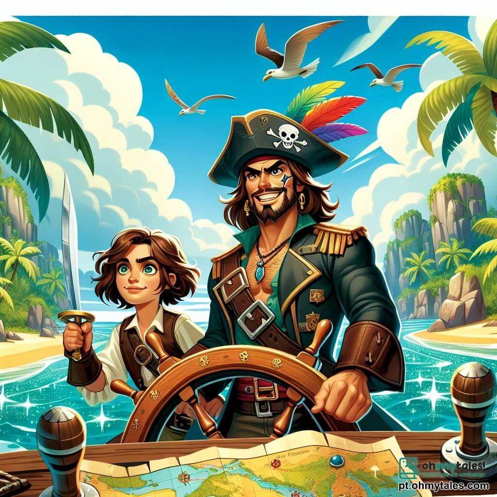 A cena retrata a Capitã Lúcia, uma mulher pirata destemida de cerca de 30 anos, com longos cabelos castanhos e uma cicatriz distintiva no rosto. Ela usa um chapéu de pirata adornado com penas coloridas e uma jaqueta de couro, exibindo uma expressão de determinação e coragem, brandindo uma espada brilhante, pronta para defender seu tesouro. Ao seu lado está Olavo, um rapaz jovial de aproximadamente 25 anos, com cabelos cacheados e um largo sorriso, manobrando o leme do navio com uma atitude divertida e confiante. Sofia, uma jovem de cerca de 20 anos, com cabelos curtos e olhos vivos, está inclinada sobre um mapa, buscando o caminho para a próxima aventura, com uma expressão concentrada. O local é uma magnífica ilha tropical, com palmeiras verdes, praias de areia dourada e rochas íngremes. Ao fundo, o céu é de um azul brilhante, salpicado de nuvens brancas, e o mar brilha sob o sol, criando uma atmosfera de aventura e mistério. A situação principal mostra Lúcia e sua fiel equipe se preparando para defender seu tesouro contra a ataque de piratas rivais, com ondas quebrando ao redor do navio e uma tensão palpável no ar, ilustrando coragem e espírito de equipe diante do perigo.