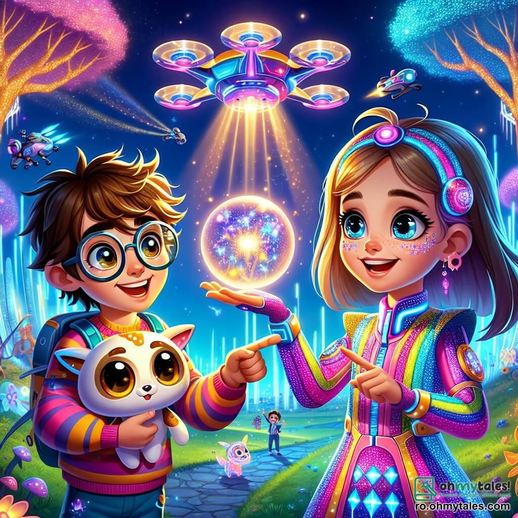 O fată de 10 ani, Zana, cu părul lung și brun și ochi strălucitori de curiozitate, stă în centrul imaginii, fascinată. Ea poartă o salopetă futuristă în culori vii, decorată cu modele strălucitoare, și privește cu un zâmbet uimit un glob misterios care strălucește în mâna ei. Lângă ea, un băiat de 10 ani, Alex, are părul blond și ciufulit și ochelari rotunzi. El arată cu degetul spre o dronă care zboară deasupra lor, având un aer de excitație pe față. Fundalul este un parc futurist, plin de copaci cu frunze luminescente și structuri din sticlă colorată care strălucesc sub soare. Vehicule flotante trec deasupra capetelor lor, în timp ce holograme de animale dansează în jurul lor. Situația principală arată cum Zana și Alex descoperă globul misterios care a deschis o poartă către o lume magică, înconjurați de o atmosferă de descoperire și uimire.