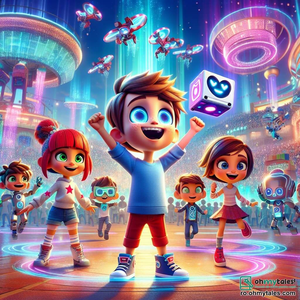 Max, un băiețel cu forma unei cutii de jucării, cu ochi strălucitori și un zâmbet mare, stă în centrul unui parc futurist, uimit de culorile vii și hologramele din jur. Poartă un tricou albastru și pantaloni roșii, iar brațele îi sunt ridicate de bucurie. În dreapta lui, Lila, o fetiță cu părul roșu și ochelari în formă de stea, sare de bucurie, ținând o mică telecomandă holografică, cu fața strălucind de entuziasm. În stânga, Alex, un băiat înalt cu părul brun și ochelari care își schimbă culoarea, observă o mașină zburătoare pe care tocmai au creat-o, având o expresie concentrată și determinată. În fundal, parcul este plin de roboți dansatori, drone colorate și structuri futuriste strălucitoare sub un cer albastru strălucitor. Situația principală îi arată pe Max și prietenii săi distrându-se și explorând această lume tehnologică, înconjurați de magie și inovație, pregătiți pentru o aventură de neuitat.