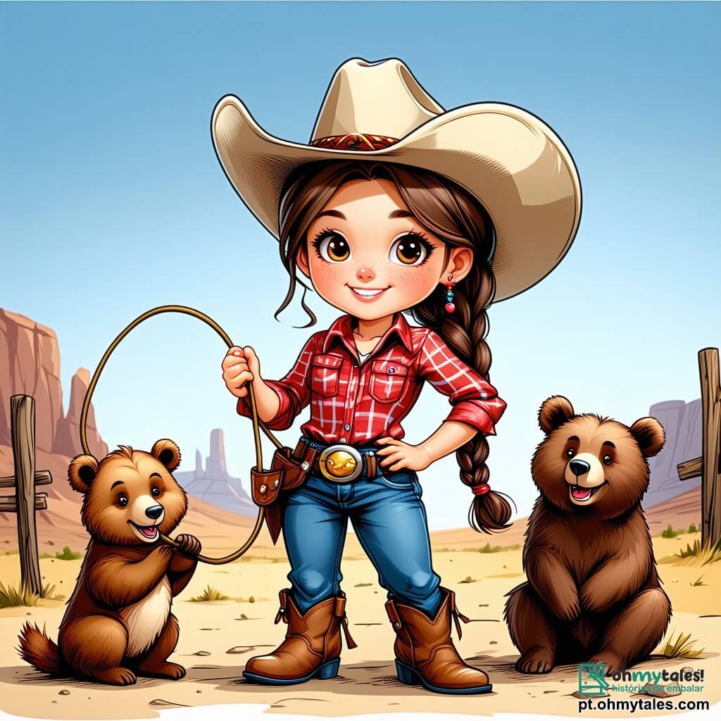 Clara, uma jovem cowgirl de 10 anos, está no centro da imagem, com um grande sorriso no rosto. Ela usa um chapéu de cowboy bege, uma camisa xadrez vermelha e um jeans azul, segurando firmemente um laço na mão. Seus cabelos castanhos estão presos em uma trança que cai sobre o ombro. Ao seu lado, Bolinha, um pequeno urso marrom com olhos brilhantes, observa Clara com admiração, suas patas dianteiras levantadas como se quisesse ajudar. Ao fundo, a mãe urso, uma grande ursa de pelagem marrom escura, está perto da entrada de uma caverna misteriosa, com olhos cheios de gratidão. O cenário é um vale ensolarado, cercado por montanhas majestosas com picos nevados, e uma cachoeira cintilante que deságua em um pequeno riacho. Flores silvestres coloridas adornam o solo, adicionando um toque de magia à cena. A situação principal mostra Clara, determinada e corajosa, pronta para enfrentar os bandidos que ameaçam o tesouro escondido atrás da cachoeira, enquanto Bolinha a encoraja com um olhar cheio de confiança.