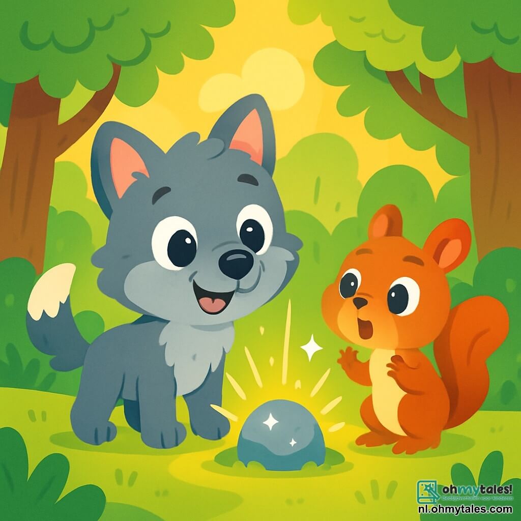 Een kleine wolf met zachte grijze vacht, grote glanzende ogen en een verwonderde glimlach staat voor een sprankelende steen die lichtflitsen uitstraalt. Hij lijkt blij en nieuwsgierig, met zijn oren rechtop en zijn kwispelende staart. Naast hem staat een klein eekhoorntje met een rossige vacht en sprankelende ogen, dat de steen met bewondering bekijkt, zijn kleine pootjes omhoog alsof hij het licht wil aanraken. De scène speelt zich af in een betoverd bos, omringd door dikke bomen en levendig groene bladeren, terwijl zonnestralen door het loof filteren en een magische, warme sfeer creëren. De kleine wolf en het eekhoorntje ontdekken samen de schitterende steen, die vreugde en verrassingen symboliseert, terwijl ze een moment van verwondering en vriendschap delen in de natuur.