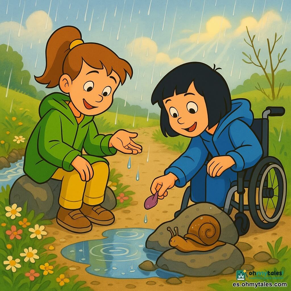 Dos niñas: Paula (~9) con coleta castaña, chaqueta verde clara y chubasquero verde manzana, sentada en una piedra junto al camino con la mano abierta recogiendo gotas y sonriendo hacia un charco que refleja el cielo; Vega (~10) de pelo negro corto, chubasquero azul intenso, en silla de ruedas detrás a la derecha, inclinada mostrando un pétalo morado y mirando un caracol en una piedra. Camino rural ancho de grava clara, bordes con flores bajas (margaritas blancas y flores amarillas y rosas), a la izquierda una acequia con agua clara sobre piedras, a la derecha un prado verde con hierba alta y brotes; cielo parcialmente nublado con rayos de sol entre gotas; lluvia ligera que crea pequeñas ondas en los charcos y brillo en hojas y pétalos. Momento tranquilo de descubrimiento, colores saturados, contrastes cálidos en las flores y tonos fríos en el agua y la ropa, perspectiva baja, estilo cartoon años 90, líneas limpias y expresiones suaves.