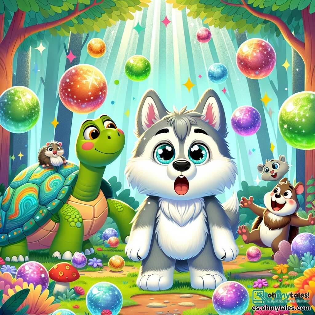 Un pequeño lobo llamado Lupo, con un suave pelaje gris y ojos brillantes como estrellas, se encuentra en el centro de la escena, sorprendido y divertido, rodeado de globos coloridos que flotan a su alrededor. A su derecha, una gran tortuga sonriente, con un caparazón decorado con patrones coloridos, se mueve lentamente, curiosa y maravillada por la magia que la rodea. A la izquierda, un pequeño ratón de pelaje marrón, con ojos traviesos, trepa por el hombro de Lupo, riendo alegremente de la situación. La escena tiene lugar en un claro encantado, donde majestuosos árboles con hojas brillantes crean un marco mágico, y el suelo está cubierto de flores vibrantes y setas coloridas. Al fondo, rayos de sol filtran a través de las ramas, creando una atmósfera cálida y alegre. Lupo, al intentar realizar un hechizo, ha transformado accidentalmente piedras en globos flotantes, provocando risas entre los animales del bosque, que se reúnen para admirar el espectáculo inesperado.