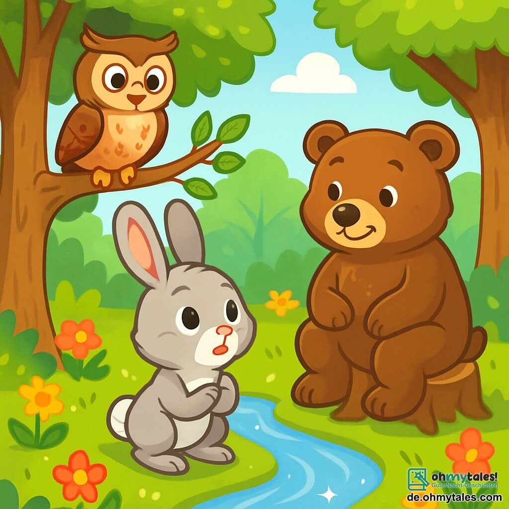 Ein kleiner Hase namens Felix mit großen Ohren und weichem, grauem Fell steht am Ufer eines glitzernden Baches. Seine Augen leuchten vor Neugier und Staunen, während er die Spiegelungen im Wasser beobachtet. In der Nähe sitzt eine weise Eule mit braunen Federn und großen, runden Augen auf einem Ast und schaut Felix mit einem wohlwollenden Lächeln an, bereit, ihr Wissen zu teilen. Ein alter Bär mit braunem Fell und sanften Augen sitzt auf einem Baumstumpf und lächelt, während er dem Gespräch zwischen Felix und der Eule zuhört. Der Ort ist eine sonnige Lichtung, umgeben von großen Bäumen mit leuchtend grünen Blättern und bunten Blumen, die im Wind tanzen. Der kristallklare Bach schlängelt sich fröhlich durch das Grün und verleiht der Szene einen Hauch von Magie. Felix, der neugierige Hase, stellt der Eule eine Frage und sucht Antworten über den Sinn des Lebens, während der Bär aufmerksam zuhört und eine Atmosphäre des Lernens und der Freundschaft schafft.