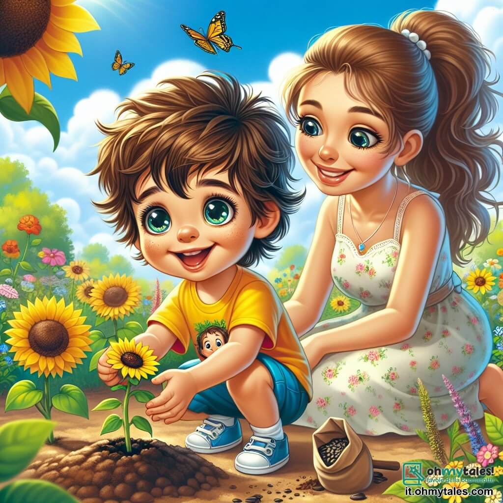 Un ragazzino di 4 anni, di nome Luca, con grandi occhi brillanti e capelli castani in disordine, sta piantando un seme di girasole in un giardino soleggiato. Indossa una maglietta gialla e un pantaloncino blu, e il suo viso emana gioia ed eccitazione. Accanto a lui, sua madre, una donna di circa 30 anni con capelli lunghi e ondulati legati in una coda di cavallo, sorride tenendo un piccolo sacchetto di semi. Indossa un vestito leggero a fiori ed è accovacciata vicino a Luca, incoraggiandolo con tenerezza. Il giardino è pieno di fiori colorati, vegetazione lussureggiante e farfalle che svolazzano nell'aria. Il cielo è di un blu brillante, punteggiato da alcune nuvole bianche e soffici, e il sole splende calorosamente sulla scena. Luca, con un'espressione concentrata e felice, scava un piccolo buco nella terra con le mani per mettere il seme, mentre sua madre gli mostra come fare, creando un momento magico di complicità e scoperta nel cuore della primavera.