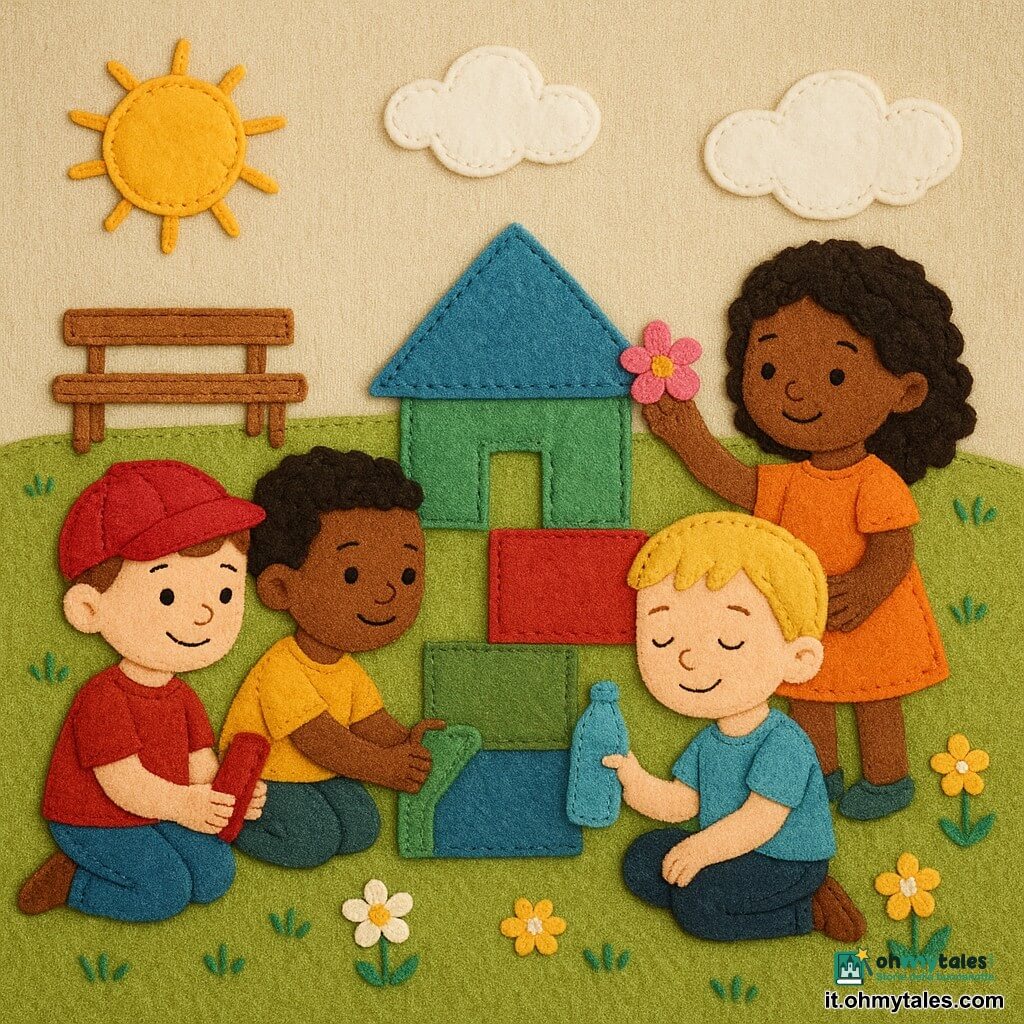 Ci sono quattro bambini di 4 anni che costruiscono insieme una piccola casa colorata di legnetti rossi, verdi e blu su un prato: Luca, bambino italiano dalla pelle chiara con capelli castani corti e un piccolo cappellino rosso, seduto a sinistra con un legnetto rosso che sorride guardando la casa; Amir, bambino di origine nordafricana dalla pelle bronzea e capelli neri corti, al centro-sinistra che posa un legnetto verde come se spingesse un trenino; Tommi, bambino dalla pelle chiara e capelli biondi con maglietta blu, seduto a destra un po' indietro, stanco ma contento mentre tiene una bottiglia d'acqua offerta da Amir; Sara, bambina di origine subsahariana o caraibica con capelli castani ricci e pelle scura, arriva da destra e aggiunge un piccolo fiore di carta rosa alla casa; lo sfondo è un piccolo parco con prato verde, fiori gialli e bianchi cuciti, una panchina stilizzata, nuvole di feltro bianche e un sole di stoffa giallo, la scena evoca aiuto reciproco, diversità e gesti affettuosi.