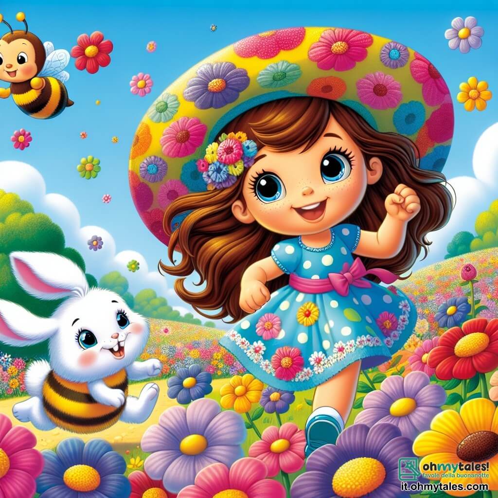Una bambina di 6 anni, di nome Sofia, con lunghi capelli castani e occhi pieni di curiosità, corre felicemente in un campo di fiori colorati. Indossa un vestito a pois blu e un grande cappello colorato che svolazza nel vento, il suo viso splendente di eccitazione e determinazione. Accanto a lei, un coniglio bianco dalle grandi orecchie salta gioiosamente tra i fiori, sembrando incoraggiare Sofia nella sua avventura. Un po' più in là, un'ape sorridente, con strisce gialle e nere, vola intorno a loro, pronta ad aiutarli. Il luogo è un campo soleggiato, pieno di fiori vivaci di tutti i colori: rossi, gialli, viola e rosa, sotto un cielo azzurro chiaro punteggiato di nuvole bianche e soffici. La scena principale mostra Sofia, il coniglio e l'ape in corsa, mentre inseguono un orsetto di peluche che vola dolcemente nell'aria, creando un momento pieno di movimento e gioia, ricco di risate e amicizia.
