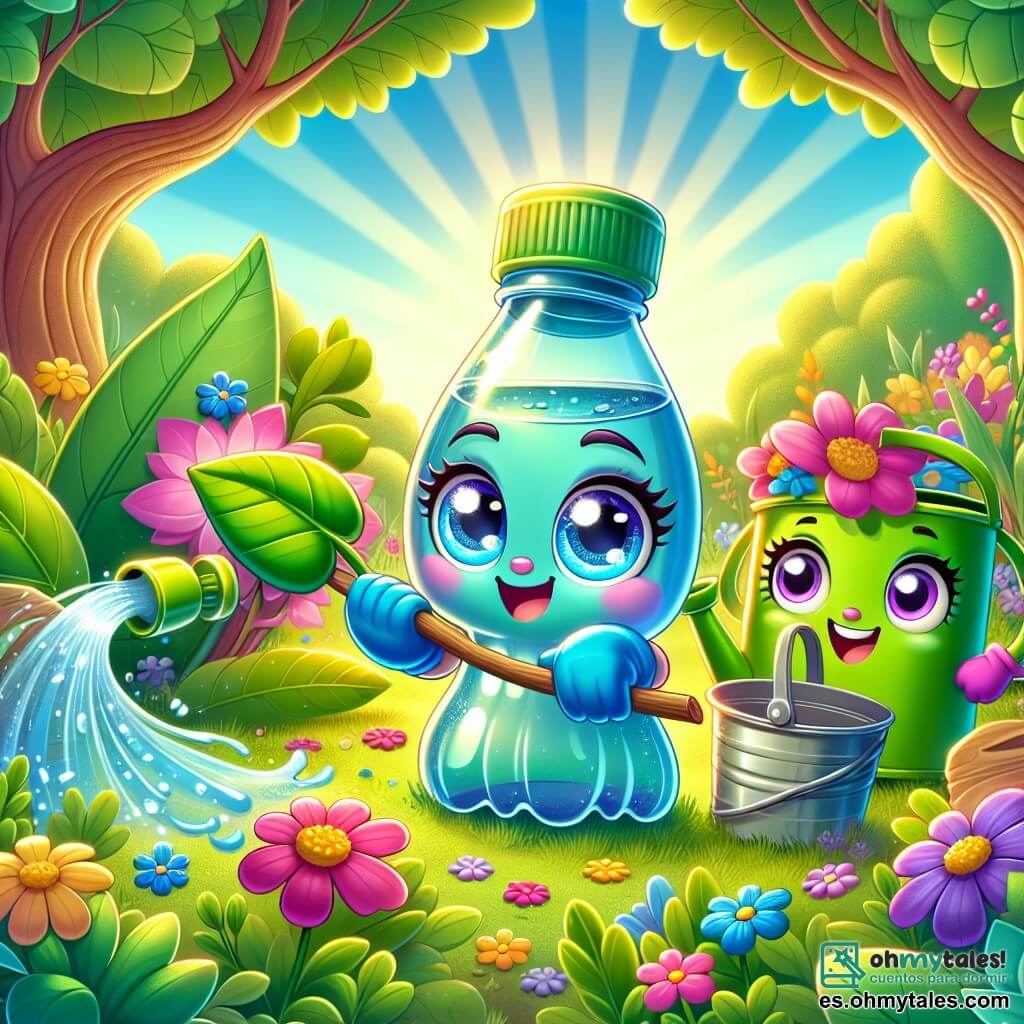 Lila, una pequeña botella de vidrio azul, está en el centro de la imagen, con una sonrisa decidida y ojos brillantes de emoción. Está rodeada de hojas verdes y flores coloridas, sosteniendo una pequeña bandera de papel reciclado. A su lado, Vera, una regadera verde, tiene un rostro alegre y salpica ligeramente agua sobre las plantas, mostrando su entusiasmo por la limpieza. La escena se desarrolla en un claro soleado, donde el suelo está cubierto de flores silvestres y rayos de sol que filtran a través de los majestuosos árboles. Lila y Vera organizan un festival de conciencia verde, reuniendo objetos del jardín para limpiar el parque, con sonrisas y gestos amistosos, creando una atmósfera de camaradería y esperanza.