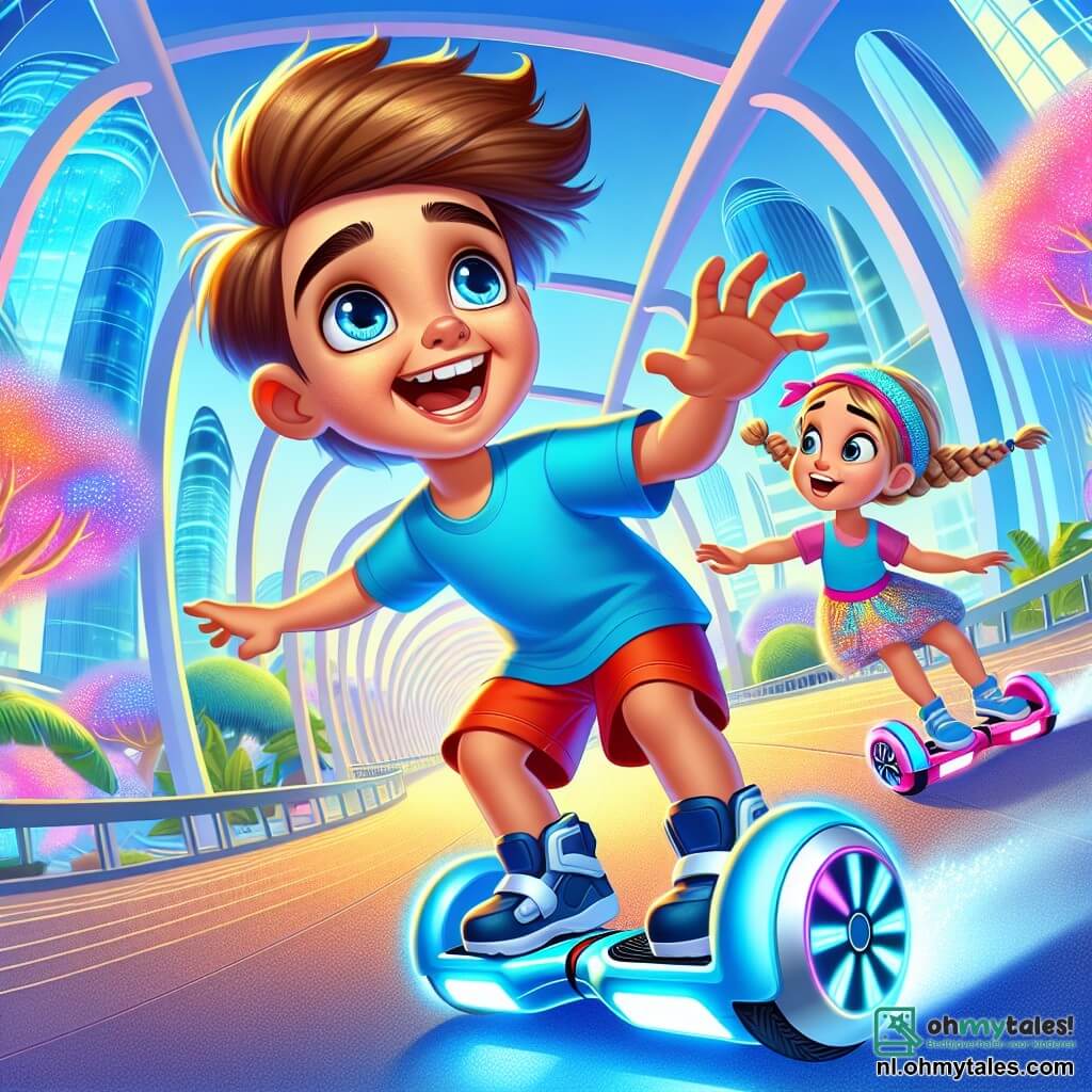 Een 7-jarig jongen, Max, met rommelig bruin haar en nieuwsgierige sprankelende ogen, vliegt op een glinsterend hoverboard met een grote glimlach op zijn gezicht die zijn opwinding laat zien. Hij draagt een felblauw T-shirt en een rode short, en zijn armen zijn open, alsof hij de wind omarmt. Naast hem probeert een 7-jarig meisje, Mia, met een mooie gevlochten blonde haardos en een roze haarband, Max te volgen op haar eigen hoverboard, met een geconcentreerde en vastberaden uitdrukking op haar gezicht. Ze draagt een kleurrijke jurk die om haar heen waait. De achtergrond speelt zich af in een futuristisch park in Neotropolis, waar luminescente bomen in felle kleuren de omgeving verlichten. Gedurfde glazen gebouwen rijzen op de achtergrond, terwijl vliegende voertuigen elegant door de blauwe lucht glijden. De belangrijkste situatie toont Max en Mia in volle vlucht, omringd door andere kinderen die plezier hebben op hun hoverboards, wat een vrolijke en dynamische sfeer creëert. Gelach en opwindende kreten weerklinken in de lucht, terwijl ze elkaar helpen acrobatische figuren te maken.