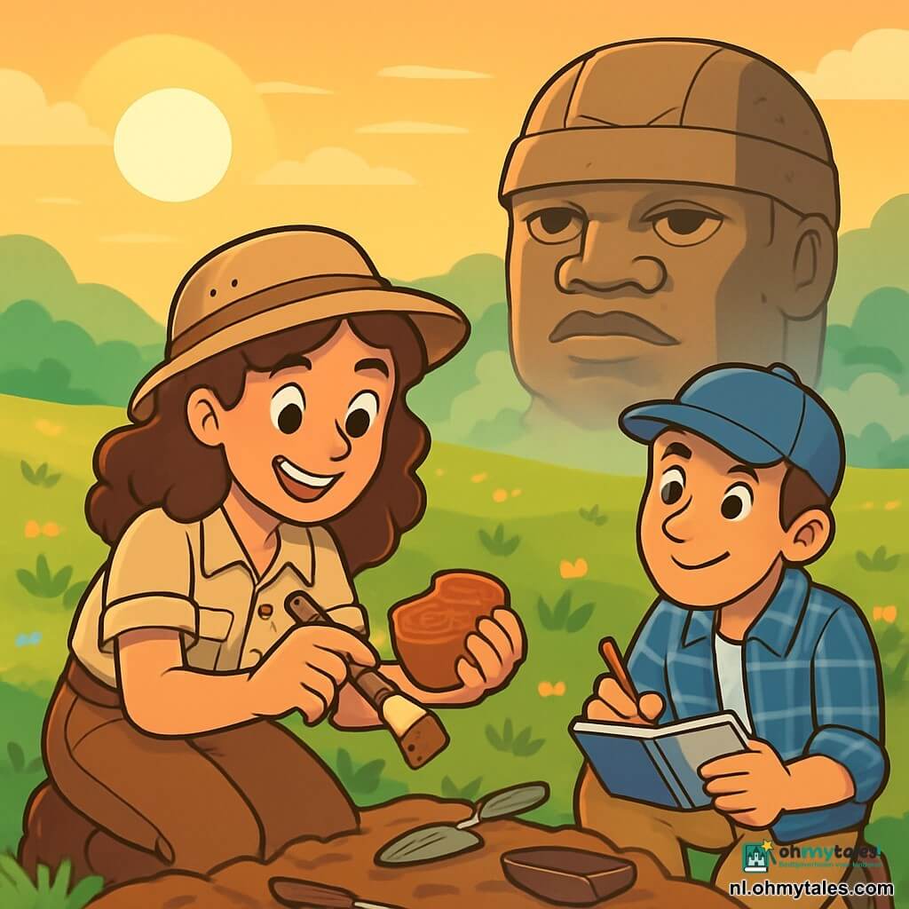 Een jonge archeologe, Maya, een vrouw van ongeveer 25 jaar met krullend bruin haar, een verwonderde glimlach en sprankelende nieuwsgierige ogen, zit in een uitgestrekt groen veld en borstelt voorzichtig een mysterieuze fragment van oude aardewerk. Naast haar observeert Tomás, een 27-jarige jongen met een blauwe pet en een geruite shirt, aandachtig en noteert details in zijn notitieboekje, met een opgewonden uitdrukking op zijn gezicht. De locatie is een zonnige vlakte, bezaaid met kleurrijke wilde bloemen, met op de achtergrond een grote rots in de vorm van een Olmeeks hoofd die majestueus oprijst, omgeven door lichte mist. De hoofdscène toont Maya geconcentreerd op haar ontdekking, omringd door kleine archeologische gereedschappen, terwijl de ondergang van de zon de scène baadt in een gouden licht, wat een sfeer van mysterie en avontuur creëert.