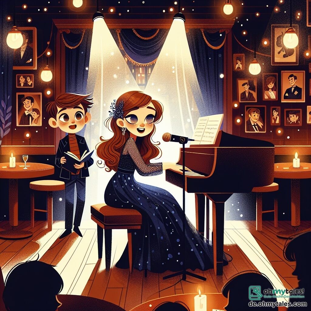 Eine junge Frau, Mia, sitzt am Klavier in einem Jazzclub, ihre Augen strahlen vor Emotion und Leidenschaft, während sie mit einer sanften, melodischen Stimme singt. Sie hat lange, wellige braune Haare und trägt ein elegantes, nachtblaues Kleid, das im gedämpften Licht des Clubs leuchtet. Neben ihr sitzt ein 12-jähriger Junge, Max, mit kastanienbraunen Haaren und funkelnden Augen, der sie bewundernd beobachtet, mit einem Notizbuch in der Hand, bereit, Ideen für seine eigenen Lieder aufzuschreiben. Der Club ist warm und einladend, mit Holztischen, flackernden Kerzen und Wänden, die mit Fotos berühmter Musiker geschmückt sind, was eine intime und magische Atmosphäre schafft. Die Hauptbühne zeigt Mia und Max, die zusammen improvisieren, eine fröhliche Melodie schwebt in der Luft, während das Publikum gebannt der Magie der Musik lauscht.