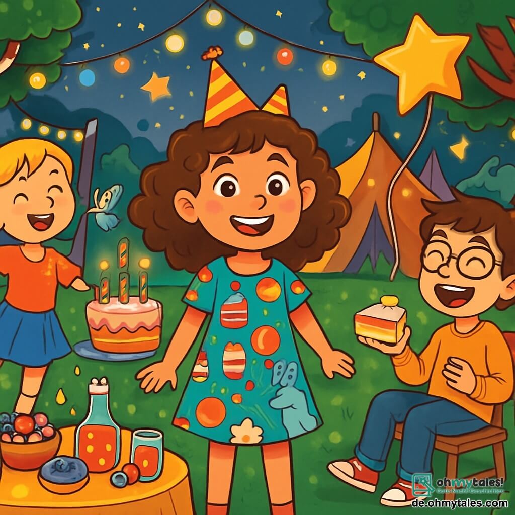 Ein 12-jähriges Mädchen, Mia, mit lockigem braunem Haar und strahlenden Augen, steht im Mittelpunkt einer großen Geburtstagsfeier. Sie trägt ein buntes Kleid mit Kuchen- und Ballonmotiven und ein großes Lächeln erhellt ihr Gesicht. Neben ihr tanzt Lotte, ein 12-jähriges Mädchen mit geflochtenem blondem Haar, fröhlich und hält einen großen Sternballon. Ben, ein 12-jähriger Junge mit Brille und zerzaustem braunem Haar, sitzt auf einem Stuhl, lacht laut und hält ein Stück Kuchen in der Hand. Die Kulisse ist eine weite, verzauberte Wiese, gefüllt mit bunten Zelten, funkelnden Lichterketten und Tischen voller Süßigkeiten: Kuchen, Bonbons und sprudelnde Getränke. Zuckerrohrbäume umgeben den Raum, während glänzende Sterne in einem Dämmerhimmel funkeln. Die Hauptsituation zeigt Mia und ihre Freunde, die ihren Geburtstag feiern, umgeben von magischen Wesen und festlichen Dekorationen, alle lachen und haben Spaß zusammen, was eine Atmosphäre von Freude und Magie schafft.