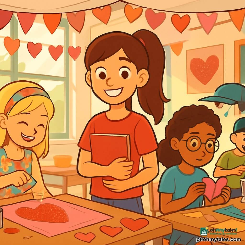 Há 4 personagens: - Lara: uma menina de 12 anos, com cabelos longos castanhos presos em um rabo de cavalo, vestindo uma camiseta vermelha e jeans. Ela segura um caderno vermelho nas mãos e sorri, de pé no centro da imagem. - Bia: uma menina de 12 anos, com cabelos loiros e uma faixa colorida, vestida com um vestido de flores. Ela está à esquerda de Lara, polvilhando purpurina em um grande cartaz cor-de-rosa. - Nati: uma menina de 12 anos, com óculos e cabelos cacheados, vestindo uma camiseta azul e um short. Ela está à direita de Lara, segurando um origami em forma de coração, com um olhar concentrado. - Kiko: um menino de 12 anos, com cabelos curtos e um boné, vestido com uma camiseta verde e calças pretas. Ele está ligeiramente ao fundo, batendo em uma lata, criando música alegre. O local é uma sala de aula decorada para a festa de São Valentim, com guirlandas de corações de papel penduradas no teto, mesas cobertas com papéis coloridos e cartazes brilhantes nas paredes. A luz do sol entra pelas janelas, iluminando o espaço com uma atmosfera calorosa e festiva. A situação principal mostra as crianças preparando uma festa de São Valentim, com risadas e sorrisos, cada uma cuidando de uma tarefa: Lara escreve mensagens em corações de papel, Bia decora um cartaz, Nati dobra origamis e Kiko faz música com objetos reciclados. A atmosfera é alegre e colaborativa, cheia de criatividade e amizade.