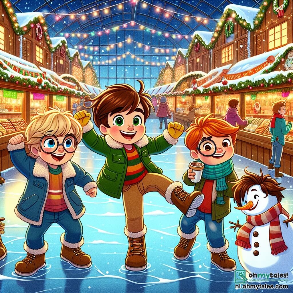 Vier jongens van acht jaar staan in het midden van een grote en feestelijke kerstmarkt in Sneeuwstad. Tim, met bruin haar en sprankelende ogen, draagt een dikke groene jas en gele handschoenen, hij glimlacht terwijl hij zijn armen opsteekt om te dansen. Rechts van hem staat Jesse, een jongen met blond haar en ronde bril, die lacht terwijl hij een kop warme chocolademelk vasthoudt. Sam, met kastanjebruin haar en een blauwe sjaal, maakt blije dansbewegingen, terwijl Finn, de kleinste met rood haar en een grote gestreepte sjaal, een sneeuwpop nadoet door zich naar voren te buigen. De markt is verlicht met kleurrijke slingers, met houten kraampjes die lekkernijen en glinsterende versieringen verkopen. Sneeuwvlokken vallen zachtjes en bedekken de grond met een witte, glanzende laag. Op de achtergrond schitteren sneeuw- en ijsbeelden onder de lichten, wat een magische sfeer creëert. De hoofdscene toont de jongens die samen dansen en plezier hebben, omringd door lachen en muziek, terwijl ze vol verwachting wachten op de grote ceremonie van de magische klokken die het nieuwe jaar aankondigt.