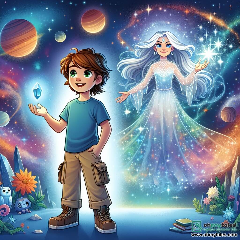 A young boy named Oliver, around 12 years old, stands at the center of the image, his eyes shining with excitement and determination. He has messy brown hair, a blue t-shirt, and cargo pants, holding a glowing crystal in his hand that emits a soft golden light. Beside him, Liora, a mysterious woman in her 30s with long silver hair sparkling like stars, floats slightly above the ground. She wears an ethereal dress in galaxy colors and smiles kindly while raising her hand to conjure bursts of light around them. In the background, a cosmic landscape stretches endlessly, with colorful planets, swirling nebulae, and twinkling stars illuminating space. Their spaceship, the Celestial Voyager, shines with a silver glow, anchored on a floating platform in this enchanting setting. The scene depicts Oliver and Liora preparing to confront the formidable space pirate, Captain Zarkon, looming on the horizon, his dark ship threatening in the darkness, while Oliver bravely stands ready to defend the universe with the power of the crystal.