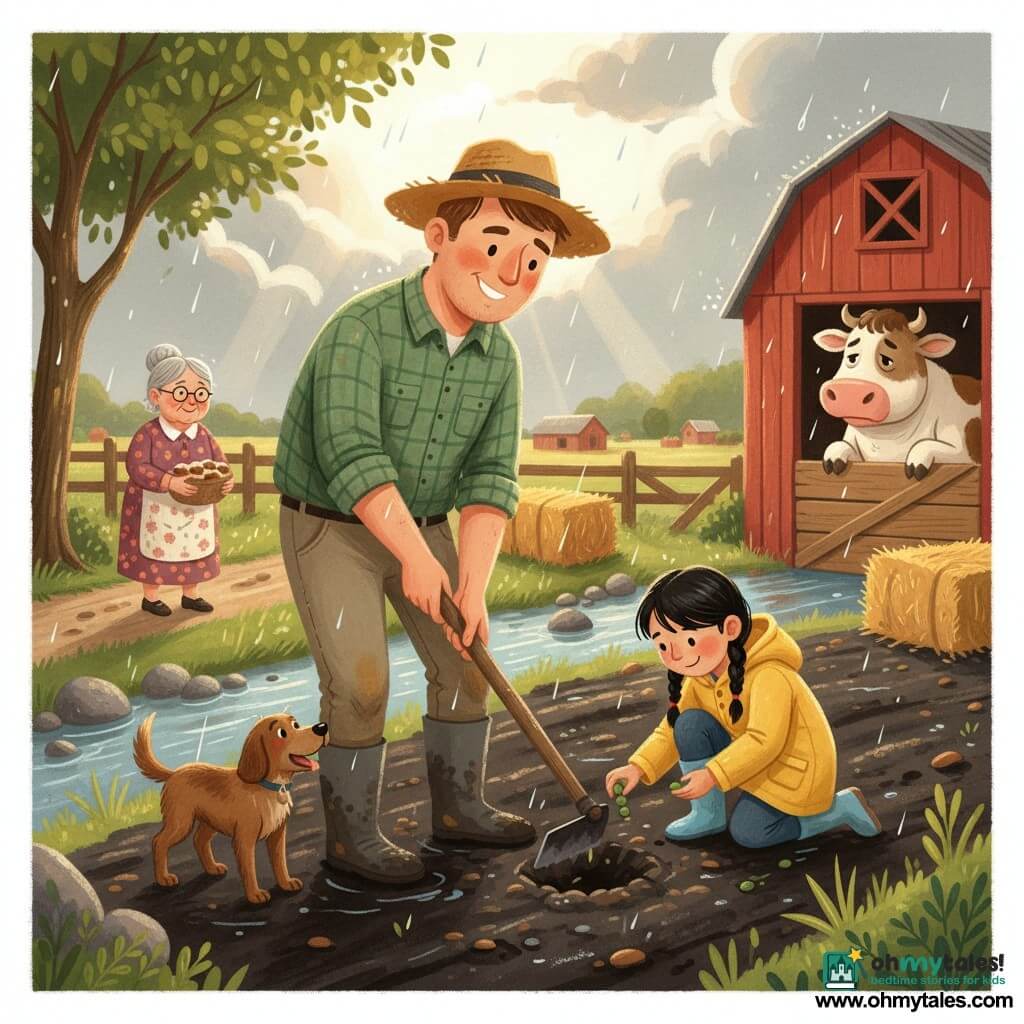 A smiling but focused farmer (30–40) with a round freckled face, short chestnut hair under a straw hat, green plaid shirt, canvas pants and muddy boots holds a hoe repairing a furrow in dark wet soil; to his right kneels Nia, about 8, with black braids and a yellow raincoat gently planting a pea; Mrs. Bell, about 60, in a floral dress offers a basket of muffins from a dirt path at left; Moss, a medium brown dog, wags by the farmer’s boots and Daisy the cow peers from a red wooden barn at right; the scene is a black wet field by a stony stream with green grass, hay bales and a partly gray sky pierced by sun rays after a light shower (drops on leaves, sticky mud), calm attentive planting gestures, warm educational atmosphere, rendered in childlike gouache with bright washed colors, soft lines and clear composition for ages 6.