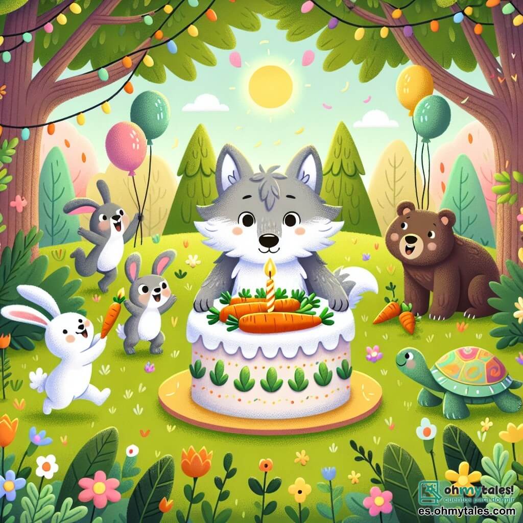 Un pequeño lobo de pelo gris y grandes ojos brillantes, con una amplia sonrisa, se encuentra en el centro sosteniendo un pastel de zanahorias decorado con velas de colores. A su lado, un alegre conejo de grandes orejas y pelaje blanco salta de alegría, sosteniendo una zanahoria gigante en sus patas. Un oso marrón, robusto y amigable, se encuentra al fondo, con una mirada asombrada, mientras una tortuga verde, con un caparazón colorido, se acerca sosteniendo una vela brillante. La escena tiene lugar en un claro encantado, rodeado de árboles con hojas brillantes y flores multicolores, con guirnaldas de globos colgadas de las ramas. El suelo está cubierto de un suave césped verde salpicado de pétalos de flores. La situación principal muestra al lobo y sus amigos celebrando su cumpleaños, cantando alegremente alrededor del pastel, listos para soplar las velas y compartir risas y golosinas.