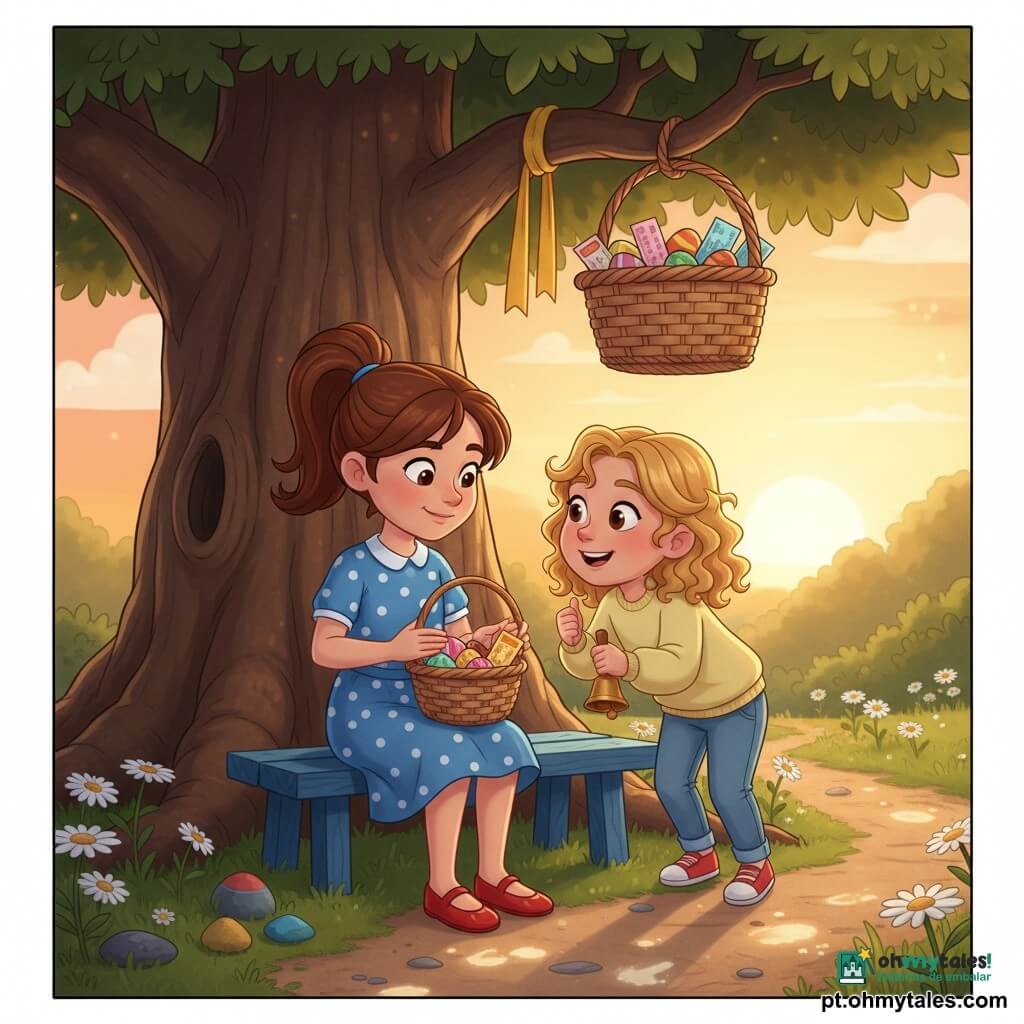 Dois personagens: Clara, 7 anos, cabelo castanho em rabo, vestido de bolinhas azuis e sapatos vermelhos envernizados, sentada à esquerda sob uma árvore, segurando delicadamente um cesto de vime com ovos de chocolate e notas coloridas, olhar concentrado e sorriso suave; Sofia, 7 anos, cabelo loiro encaracolado, moletom amarelo claro e jeans, sentada à direita inclinada para Clara, segurando um pequeno guizo dourado que brilha ao sol, olhos maravilhados. Local: jardim familiar ao pôr do sol com relvado amplo, uma árvore antiga de tronco rugoso com um laço amarelo numa rama, margaridas brancas ao redor, um banco de madeira pintado de azul, pedrinhas pintadas e um caminho de terra. Situação: as meninas descobrem um grande cesto pendurado na árvore e partilham ovos coloridos; atmosfera calorosa, luz dourada e sombras suaves, pequenas pegadas de farinha no chão, atenção centrada nos rostos e no cesto.