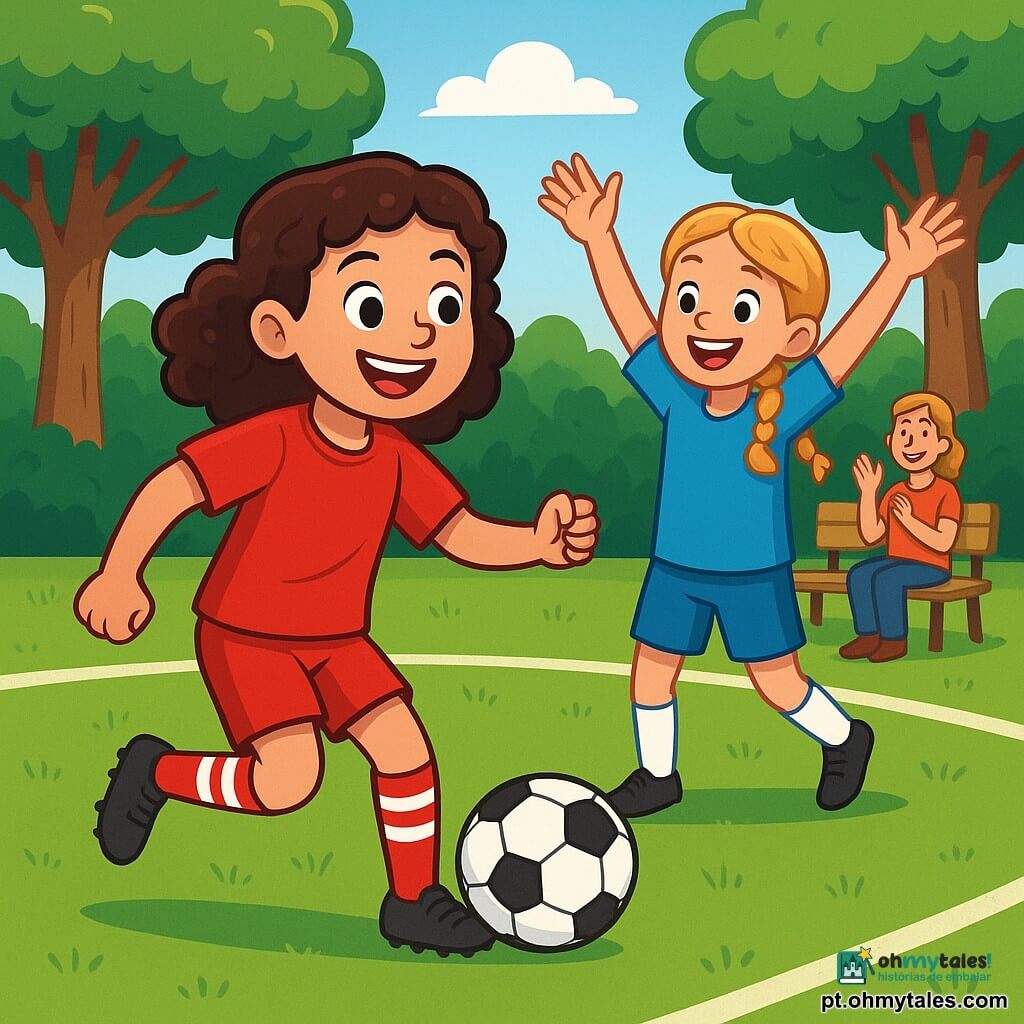 Uma jovem garota, Sofia, de cerca de 10 anos, com cabelos castanhos e cacheados, usa um uniforme de futebol vermelho vibrante com meias listradas. Ela tem um grande sorriso, os olhos brilhando de excitação, e está pronta para driblar uma bola de futebol no campo. Ao lado dela, outra garota, Clara, também de 10 anos, com cabelos loiros trançados, a incentiva levantando os braços, vestindo uma camisa azul. O campo é verdejante, cercado por grandes árvores com folhas brilhantes, com linhas brancas marcadas na grama fresca. Ao fundo, vêem-se pais sentados em bancos, aplaudindo alegremente. Sofia, cheia de energia, está prestes a mostrar seus talentos como jogadora de futebol, pronta para passar a bola para Clara, que espera ansiosamente. É um momento de camaradagem e alegria, onde o espírito de equipe brilha sob o sol radiante.