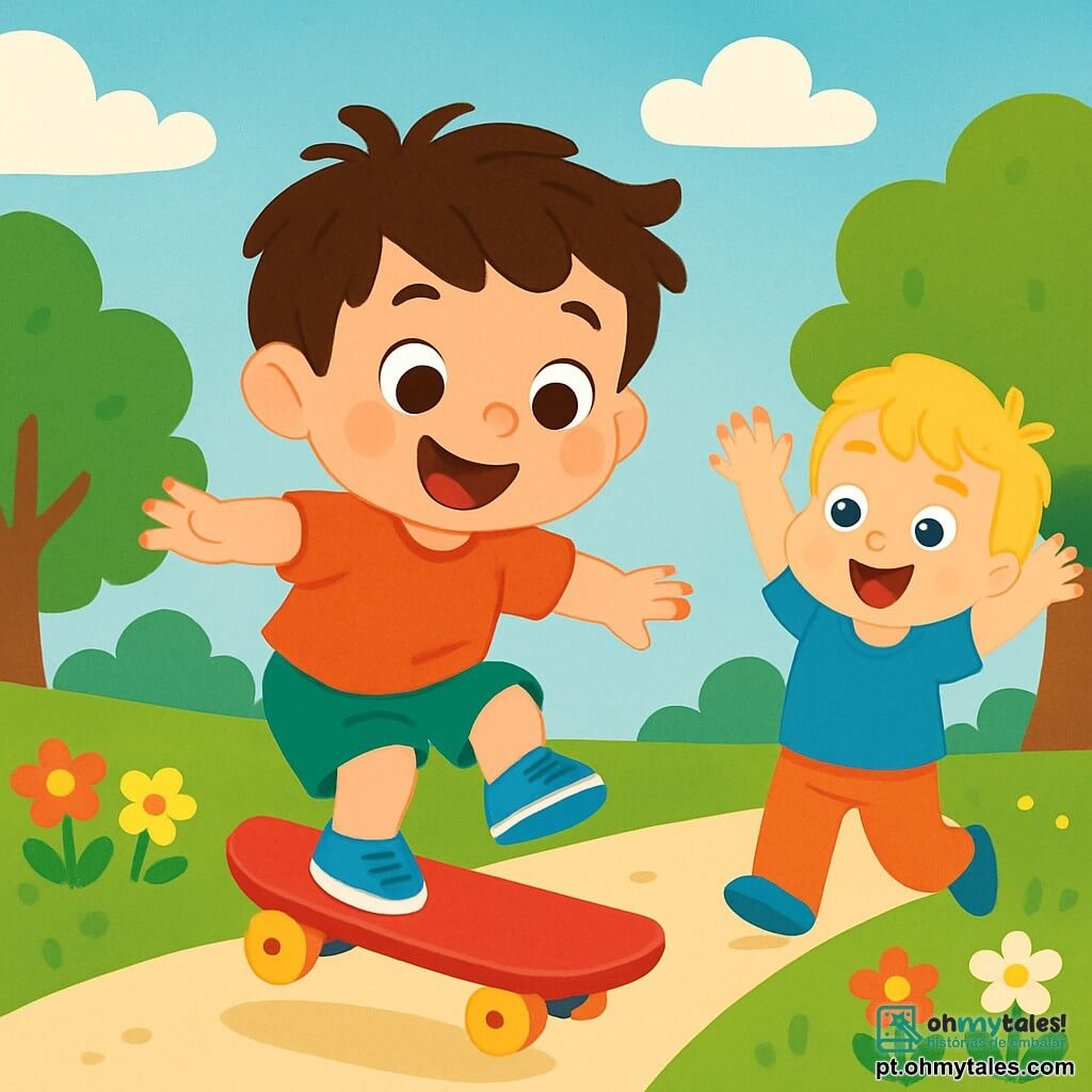 Um menino de 2 anos, com cabelos castanhos bagunçados e olhos brilhantes de alegria, está em um skate vermelho vivo. Ele sorri entusiasticamente, com as bochechas rosadas e os braços abertos para manter o equilíbrio. Ao lado dele, um garoto de 3 anos, com cabelos loiros e uma camiseta azul, o incentiva levantando os braços, cheio de admiração. O cenário é um parque ensolarado, com árvores verdes exuberantes e um céu azul claro salpicado de algumas nuvens brancas fofas. Flores coloridas bordam o caminho, adicionando um toque de magia ao ambiente. A cena principal mostra o menino fazendo um salto audacioso em seu skate, com um grande sorriso no rosto, enquanto seu amigo o incentiva com entusiasmo.